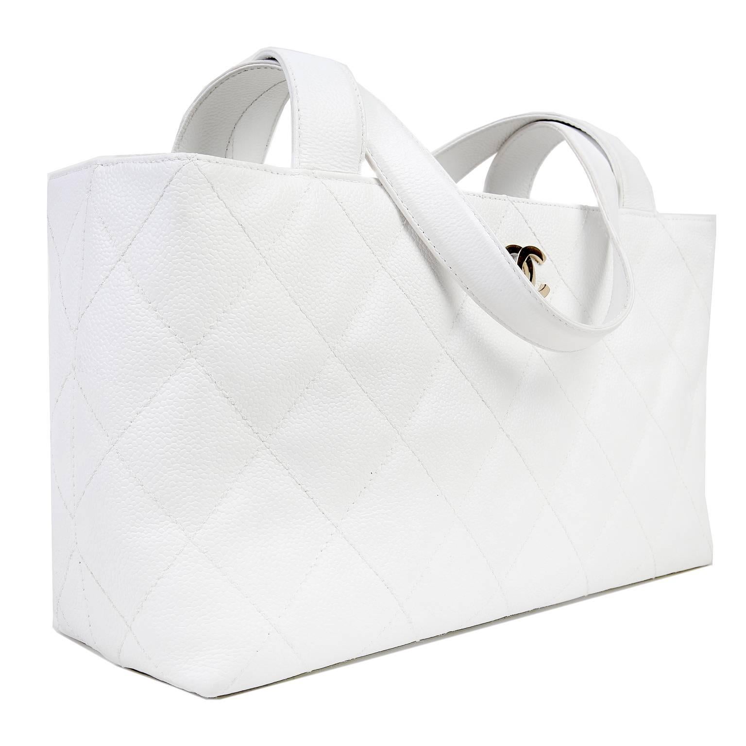 Gray Chanel White Caviar Leather Tote Bag For Sale