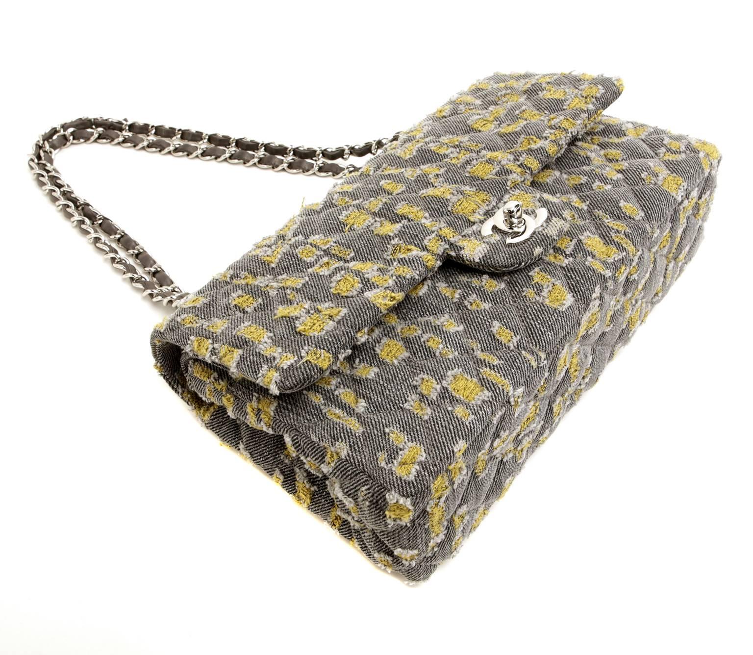 Chanel Grey and Yellow Tweed Double Flap Classic- Medium In New Condition In Malibu, CA