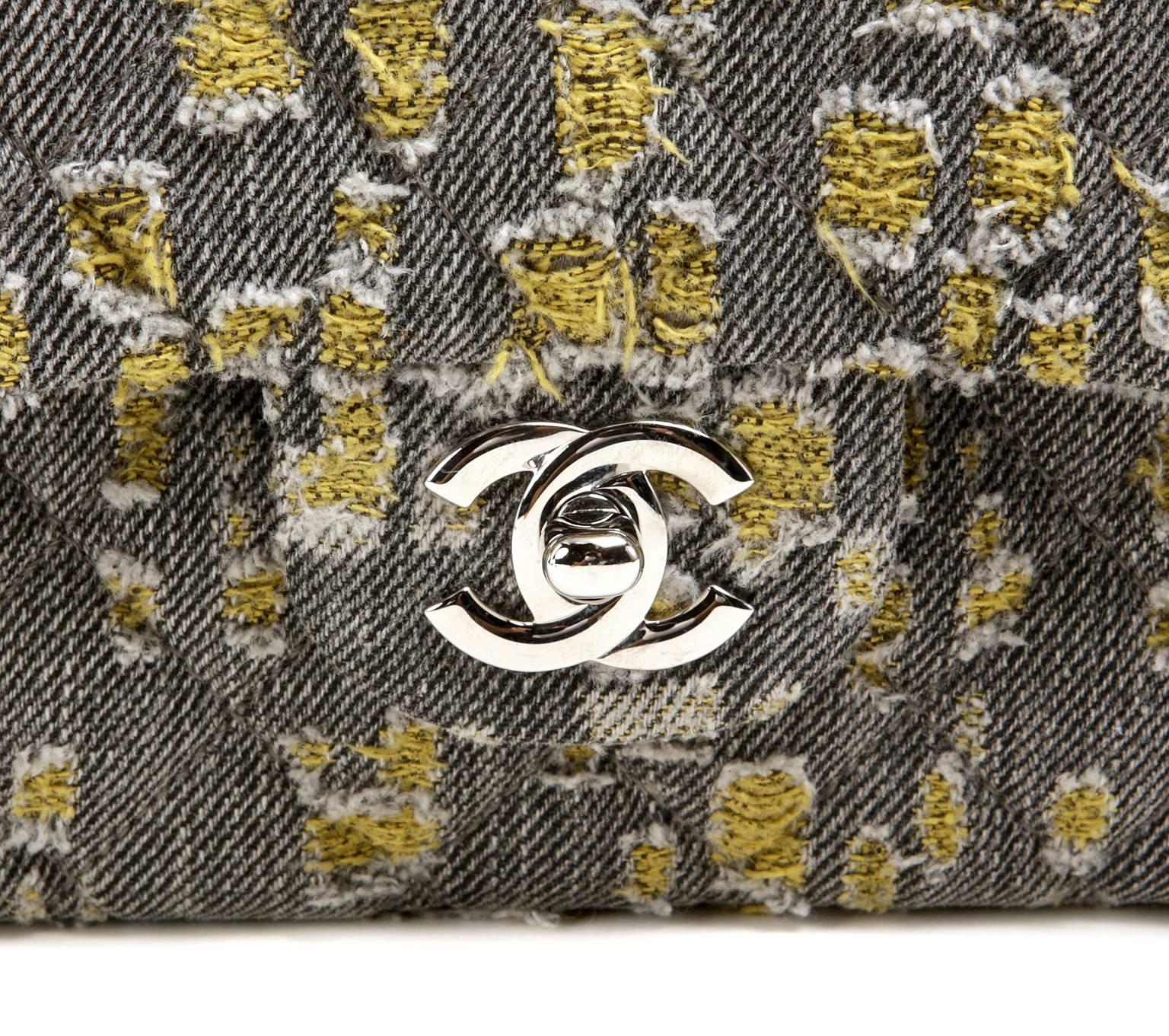 Women's Chanel Grey and Yellow Tweed Double Flap Classic- Medium