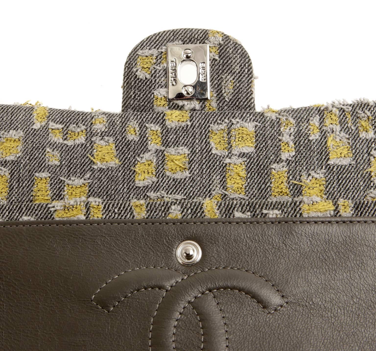 Chanel Grey and Yellow Tweed Double Flap Classic- Medium 3