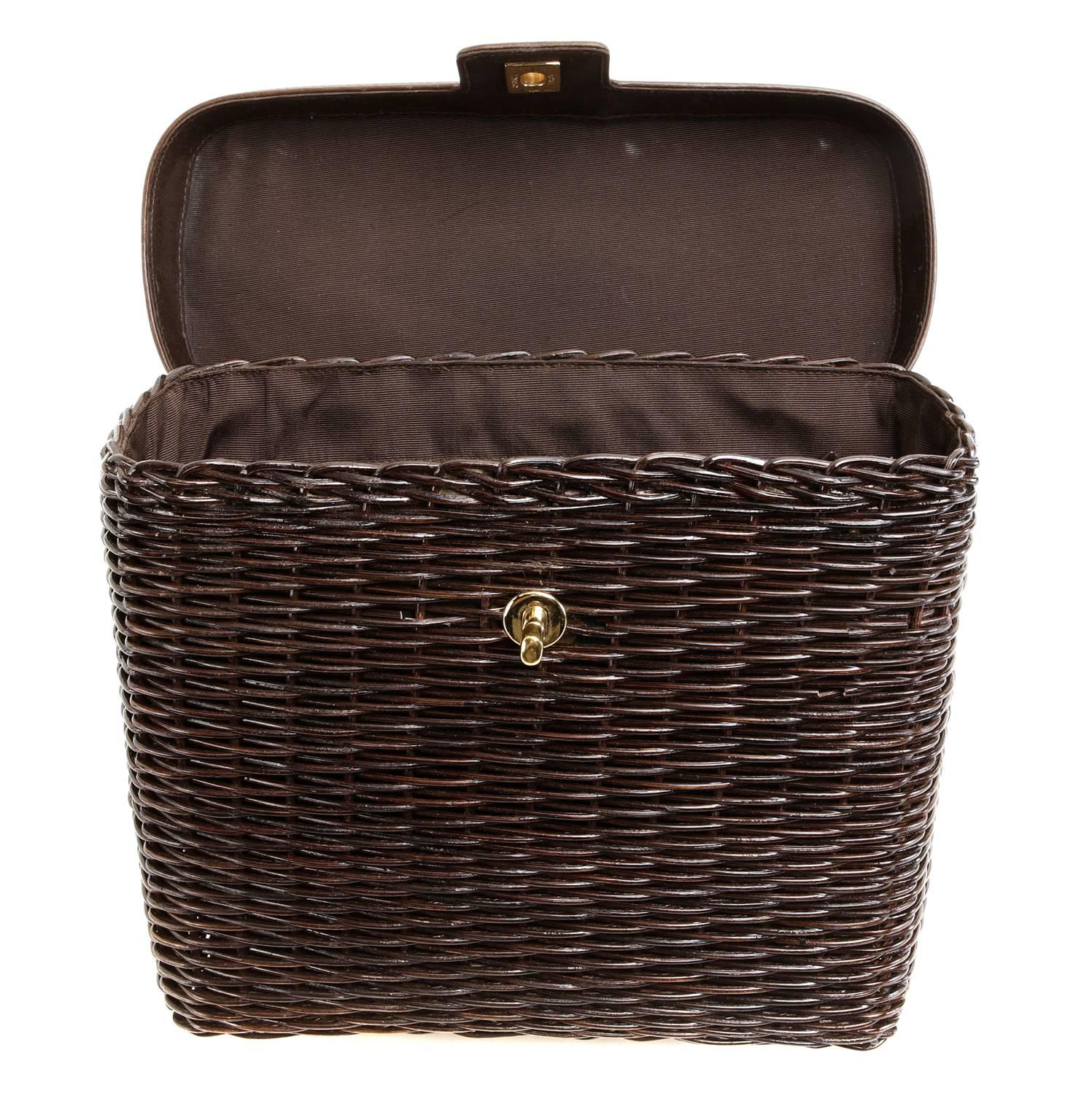 Black Chanel Vintage Brown Wicker Picnic Basket Bag