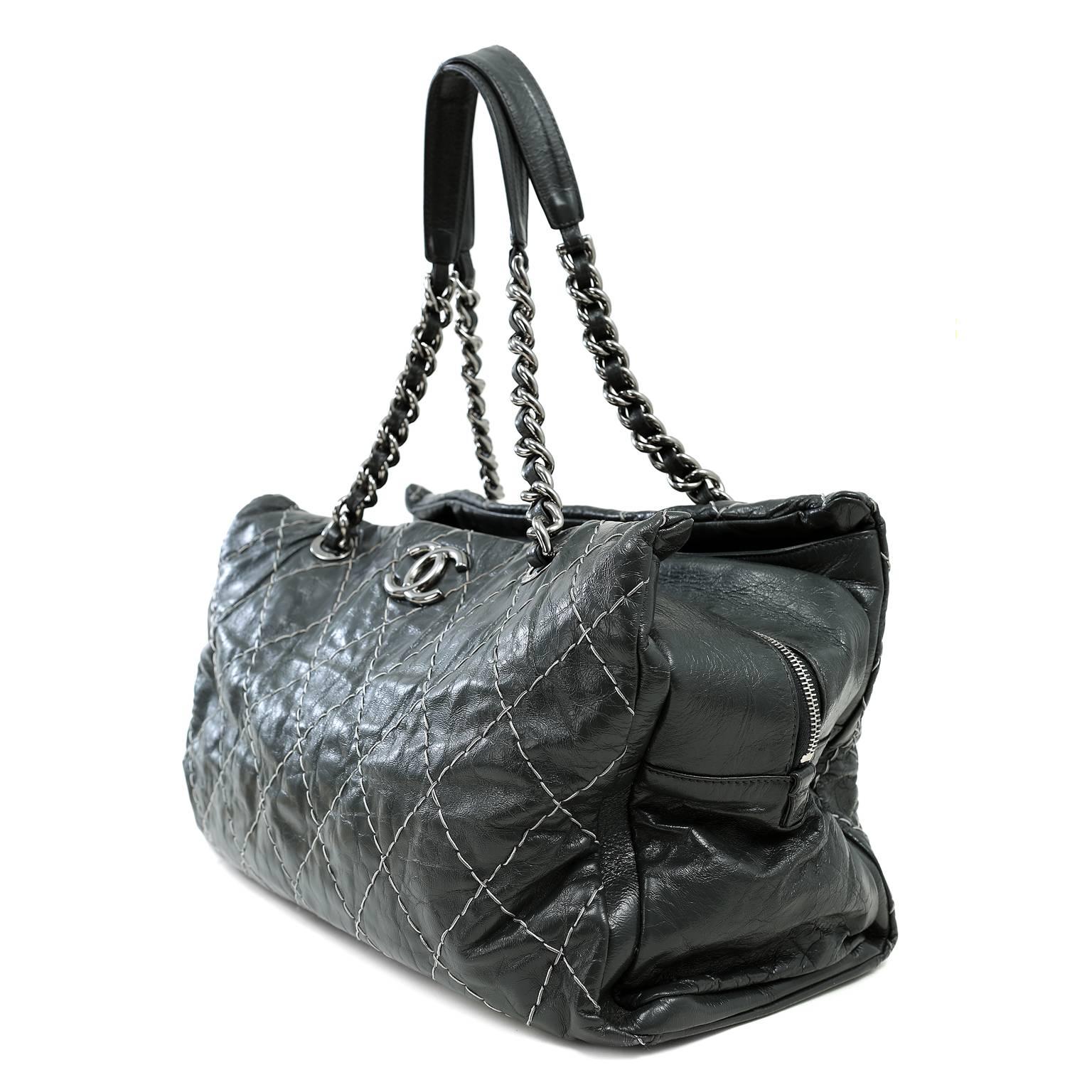 Black Chanel Charcoal Grey Distressed Leather XXL Tote For Sale