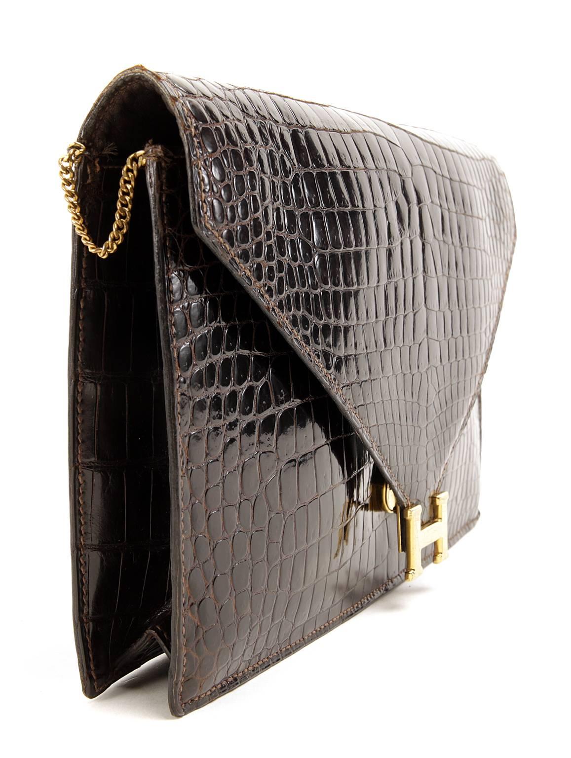 Black Hermès Brown Crocodile Lydie Clutch with Strap