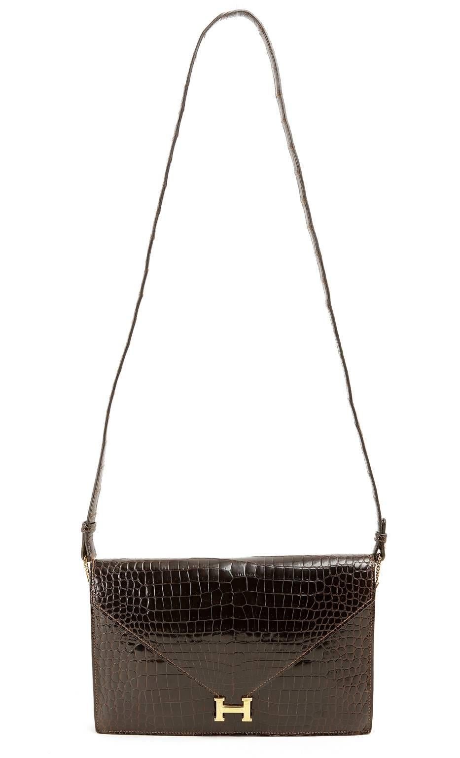 Hermès Brown Crocodile Lydie Clutch with Strap 5