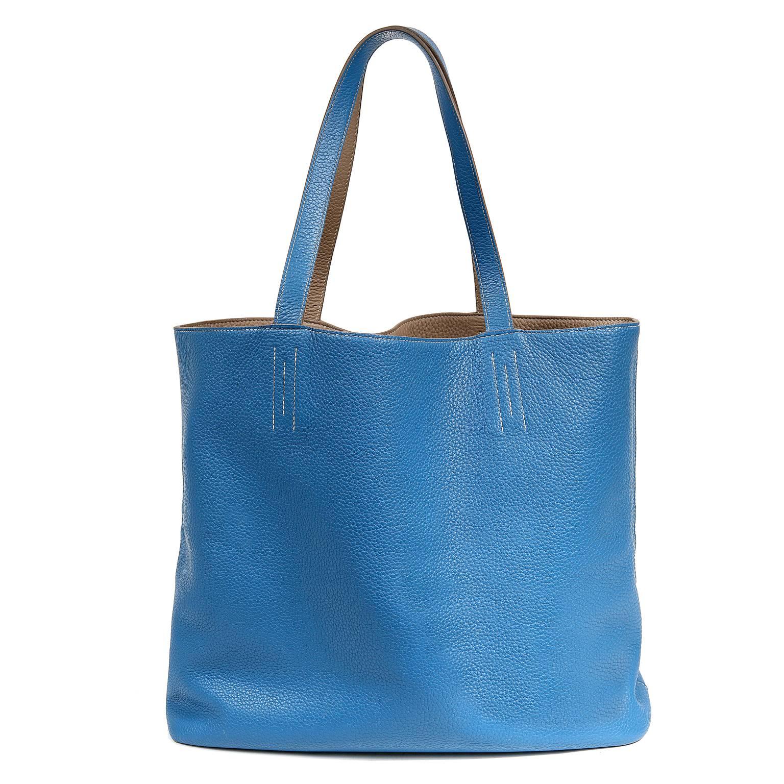 Hermès Blue Jean and Etoupe Double Sens Clemence 36 cm Tote  In Excellent Condition In Malibu, CA