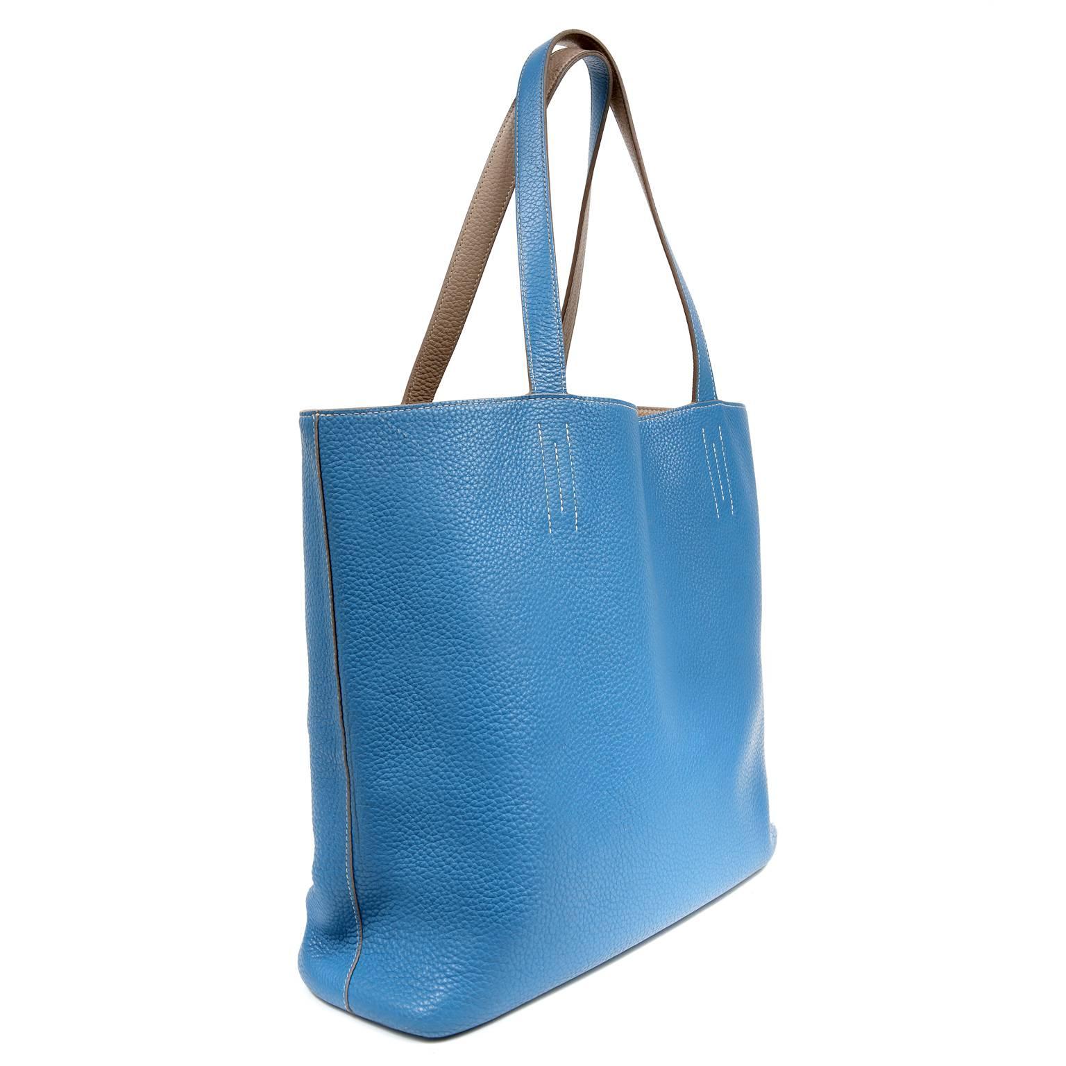 Women's Hermès Blue Jean and Etoupe Double Sens Clemence 36 cm Tote