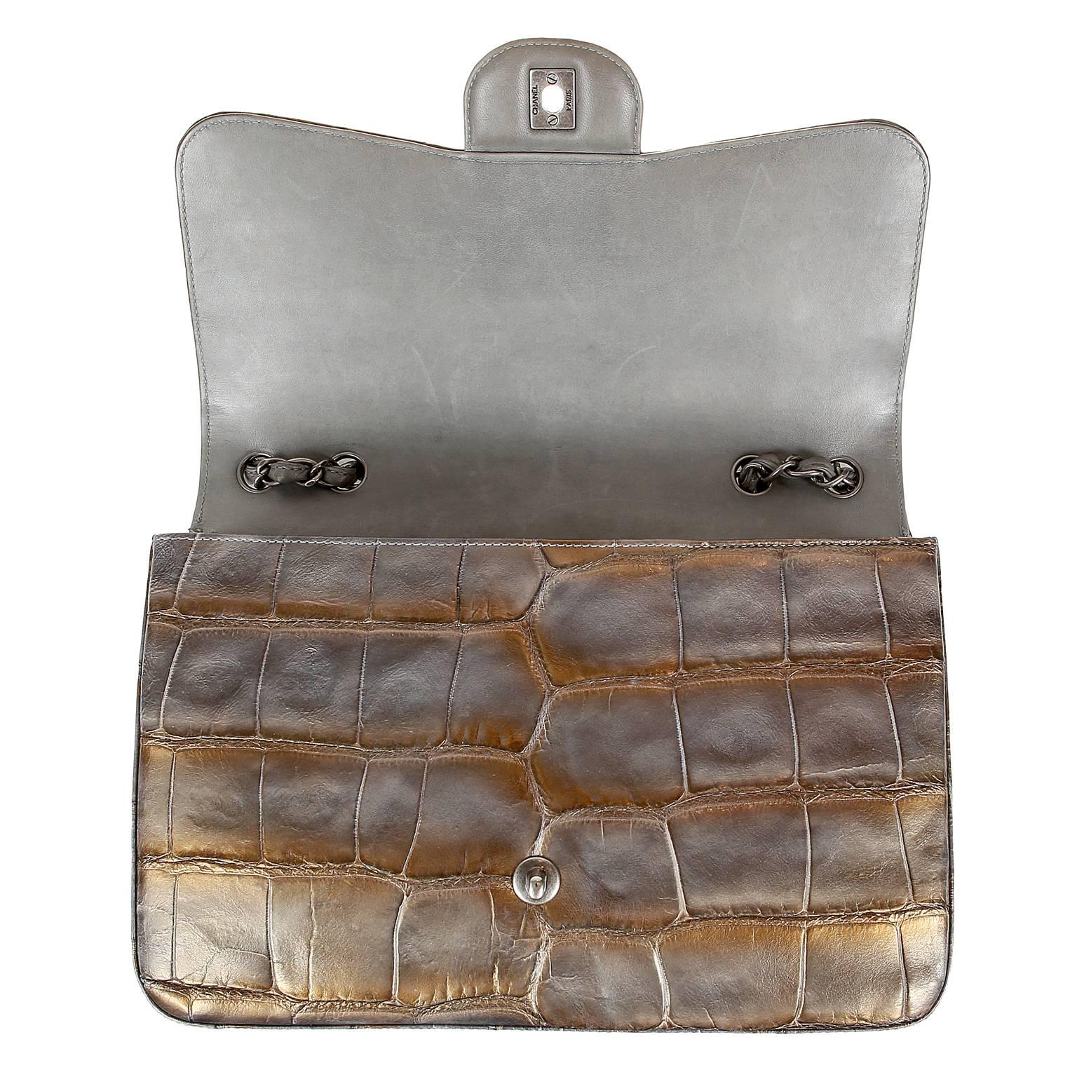 Chanel Pewter and Gold Crocodile Jumbo Classic Flap Bag 1