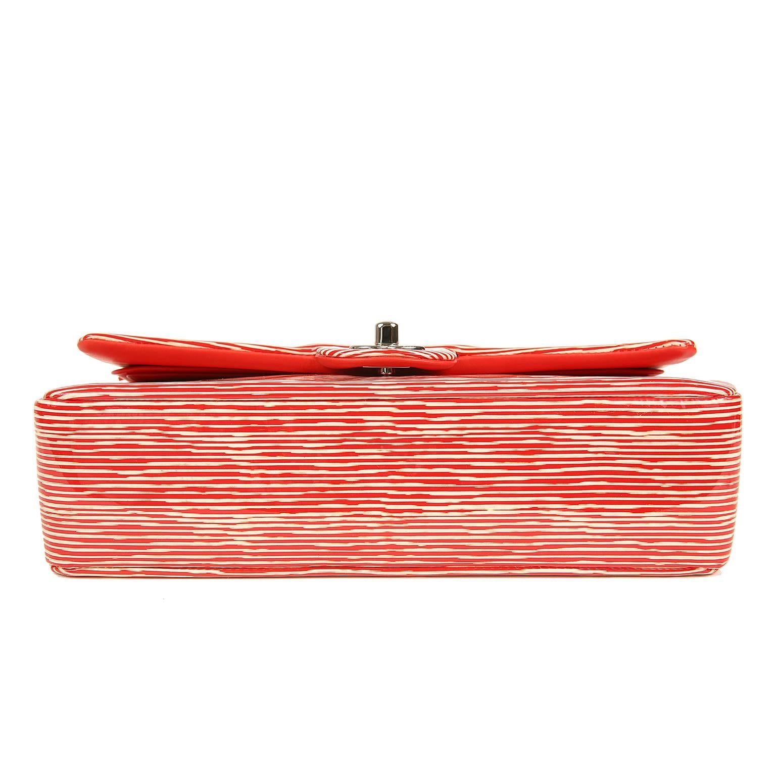 Chanel Red and Cream Striped Patent Leather Classic Flap- Medium In New Condition In Malibu, CA
