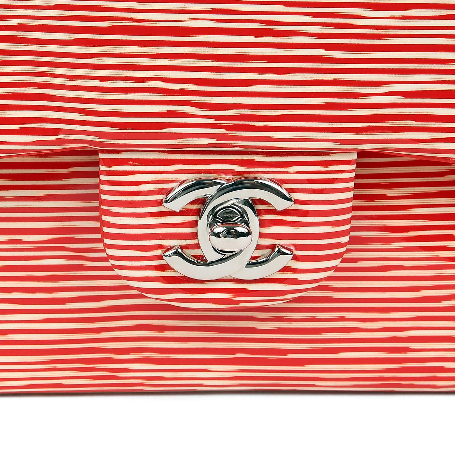 Women's Chanel Red and Cream Striped Patent Leather Classic Flap- Medium