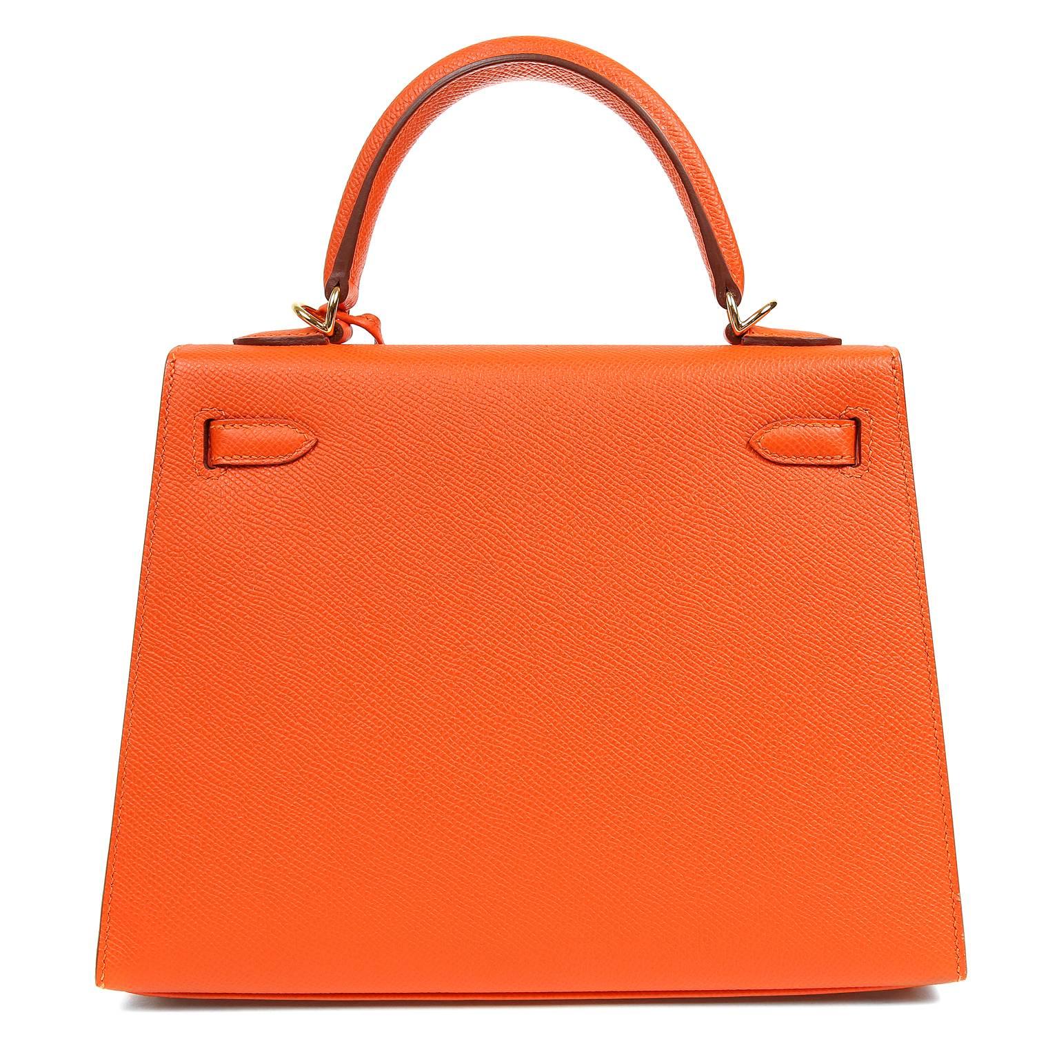  Hermès Feu Epsom 25 cm Kelly Sellier- PRISTINE, unworn condition.   Store fresh, the protective plastic is intact on the hardware.

  Hermès bags are considered the ultimate luxury item worldwide.  Each piece is handcrafted with waitlists that can