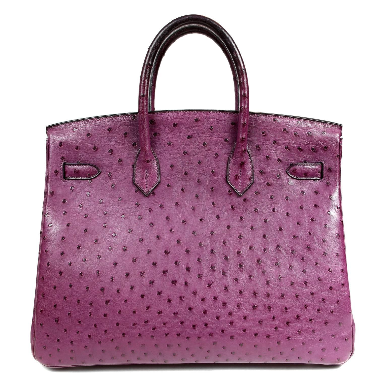 Hermès Iris Ostrich 35 cm Birkin- Near Pristine 
 Hermès bags are considered the ultimate luxury item the world over.  Hand stitched by skilled craftsmen, wait lists of a year or more are commonplace for the bovine versions.  This Birkin is in Iris