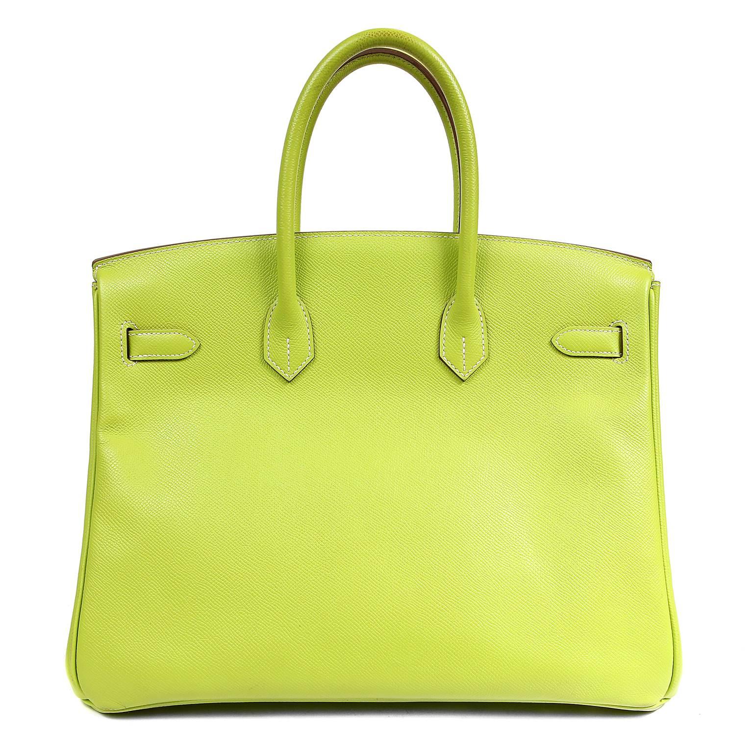Hermès Kiwi Epsom 35 cm Birkin- PRISTINE, Never Carried
Protective plastic intact on the hardware.   
 Considered the ultimate luxury item, the Hermès Birkin is stitched by hand. Waitlists are commonplace.   This vibrant pop of green is especially