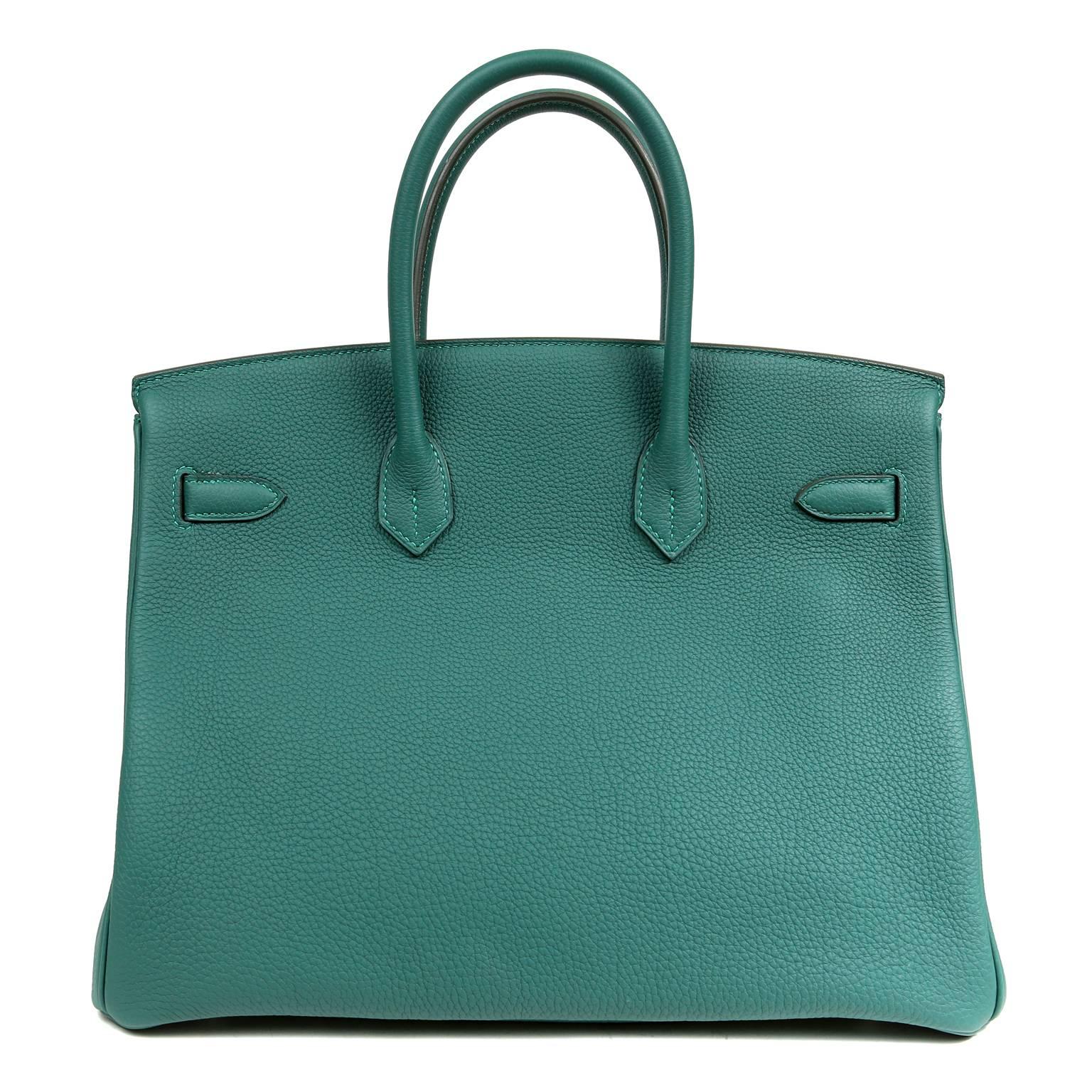 Hermès Malachite Togo 35 cm Birkin Bag- PRISTINE;Never Carried
 The plastic is intact on all hardware.

Waitlists exceeding a year are commonplace for the intensely coveted Birkin. Each piece is hand crafted by skilled artisans and represents the