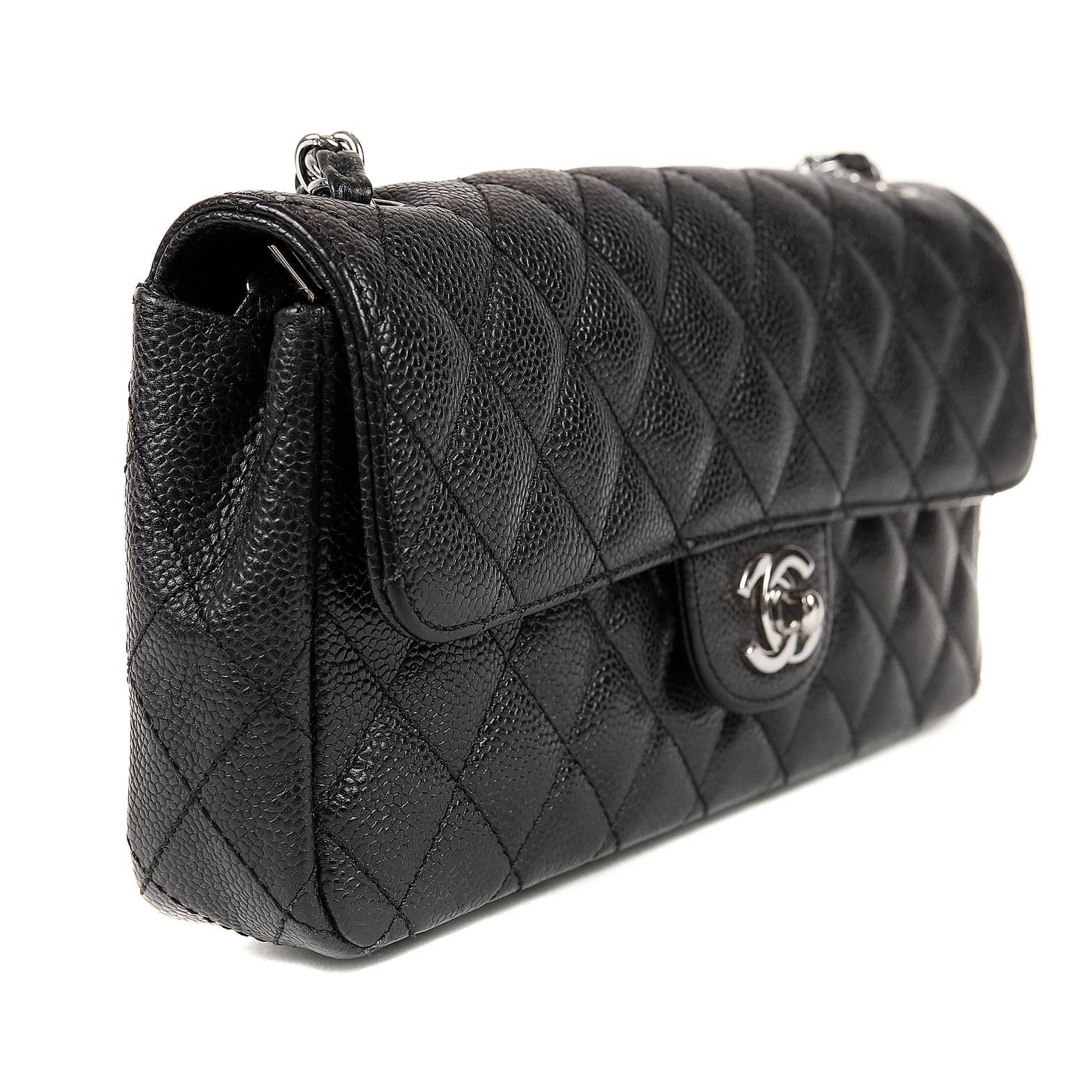 Chanel Black Caviar Leather East West Flap Bag In Excellent Condition In Malibu, CA