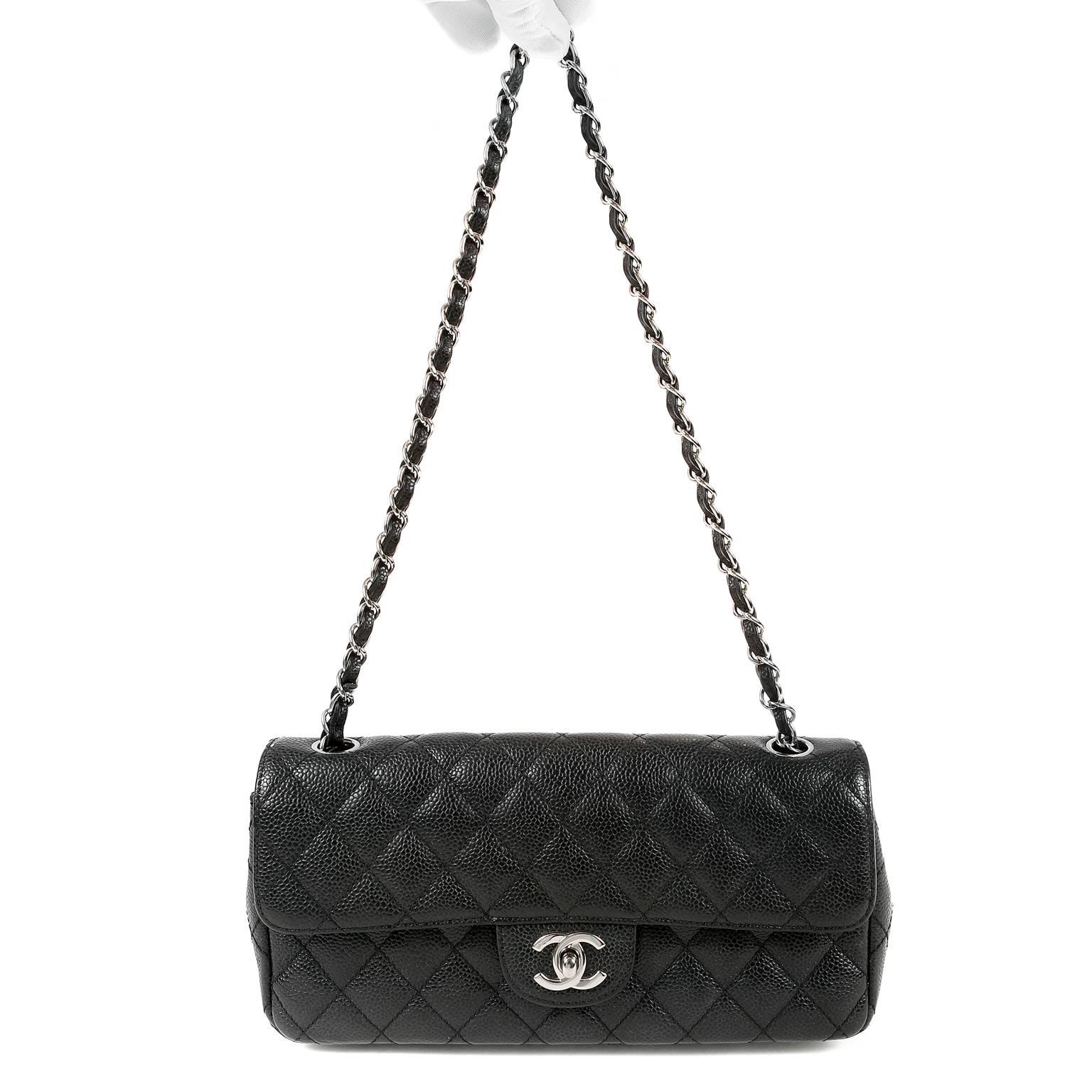 Chanel Black Caviar Leather East West Flap Bag 6