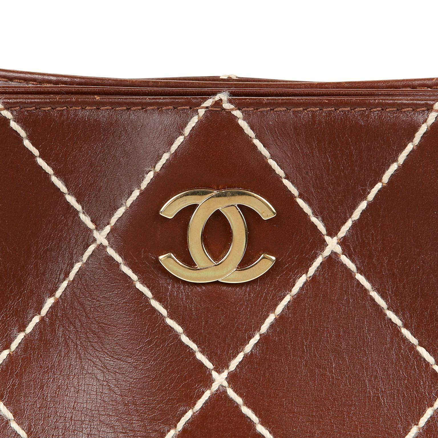 Chanel Brown Topstitched Day Bag For Sale 1