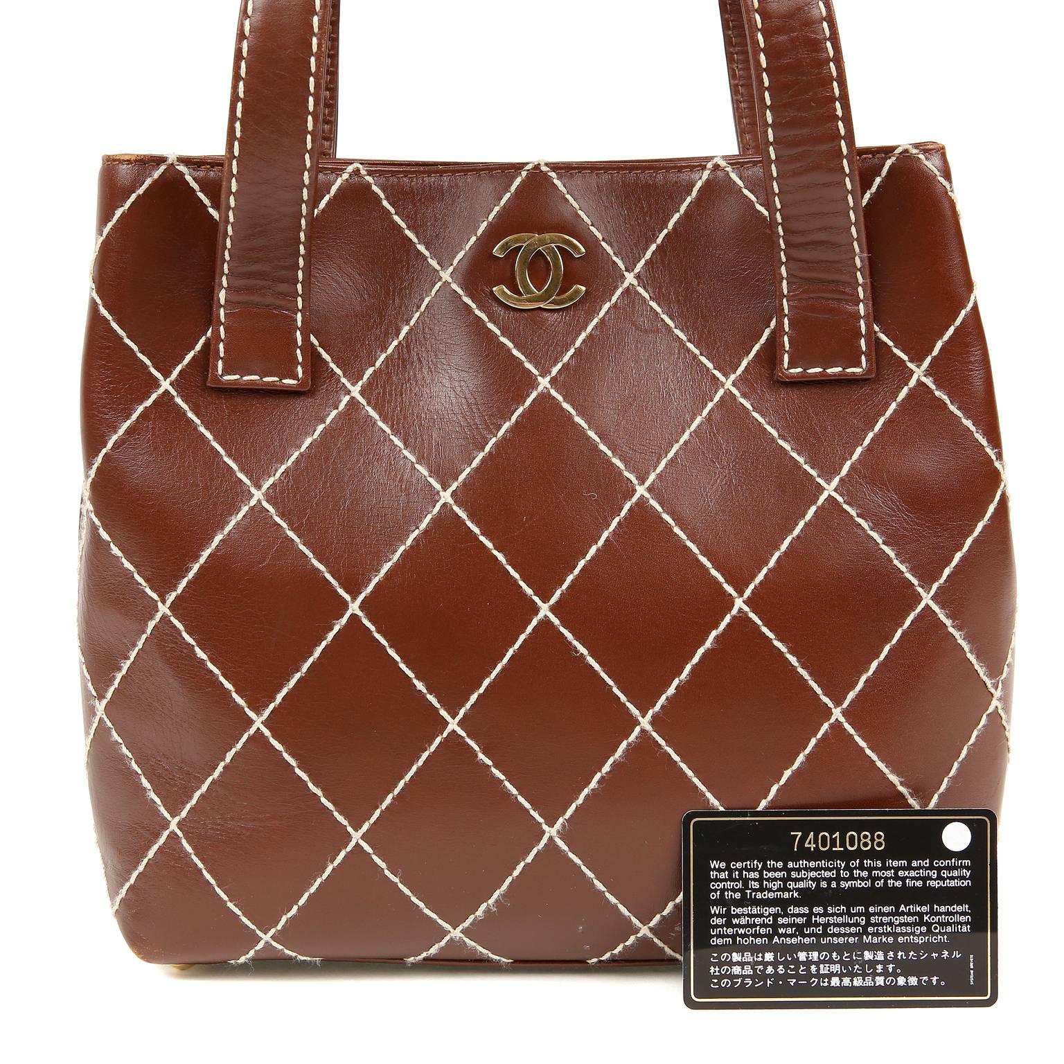 Chanel Brown Topstitched Day Bag For Sale 6