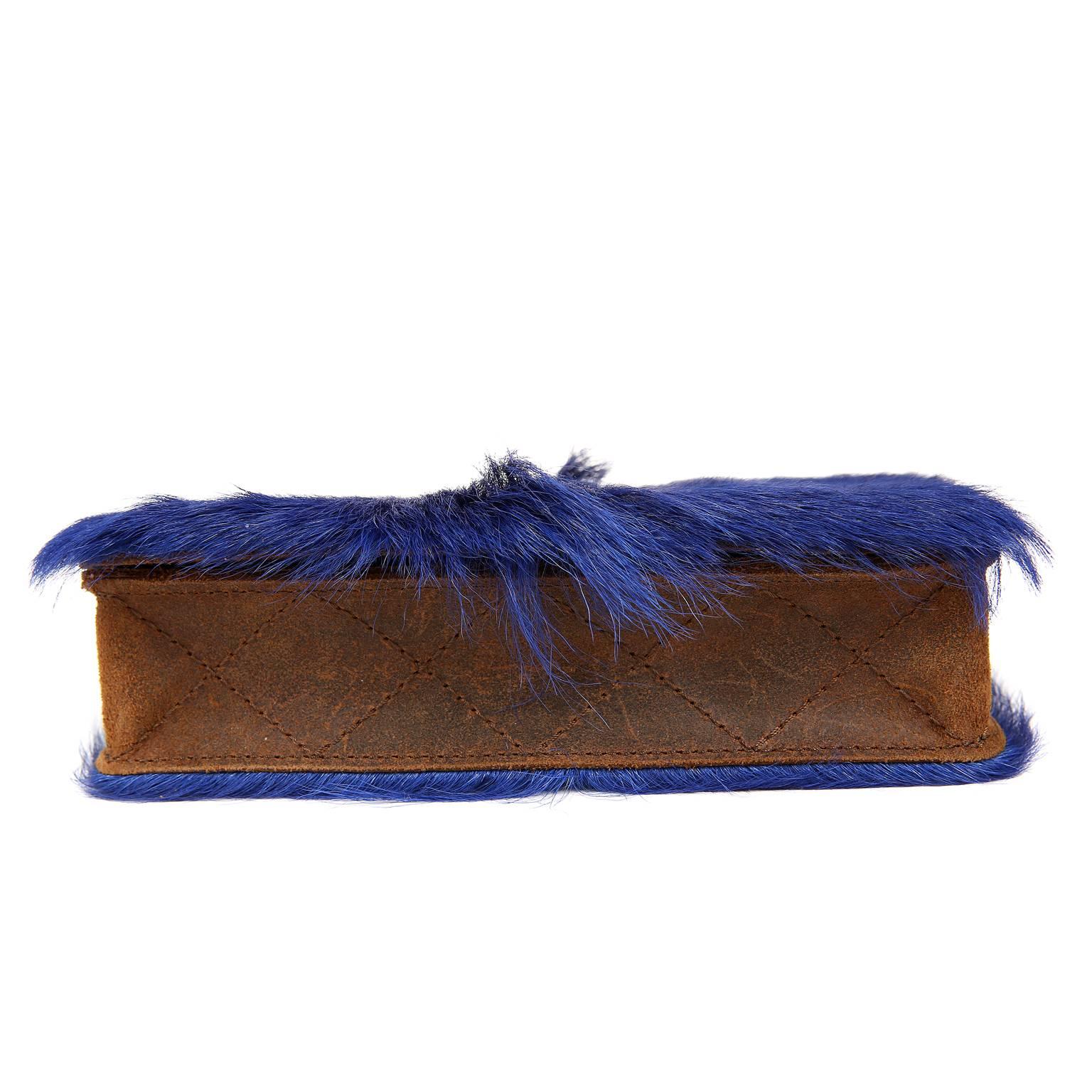 Women's Chanel Blue Goat Fur and Distressed Brown Leather Wallet on a Chain WOC For Sale