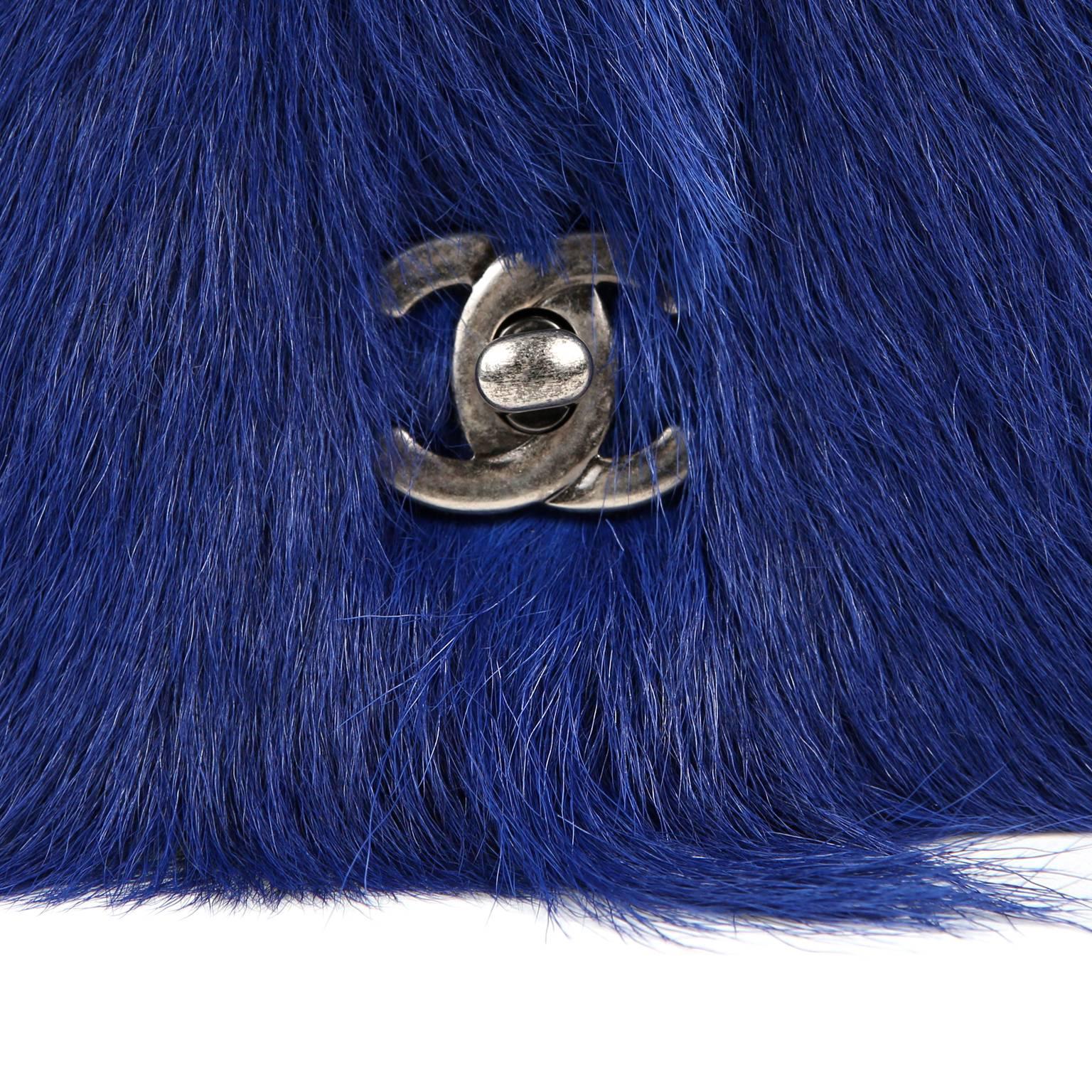 Chanel Blue Goat Fur and Distressed Brown Leather Wallet on a Chain WOC For Sale 1