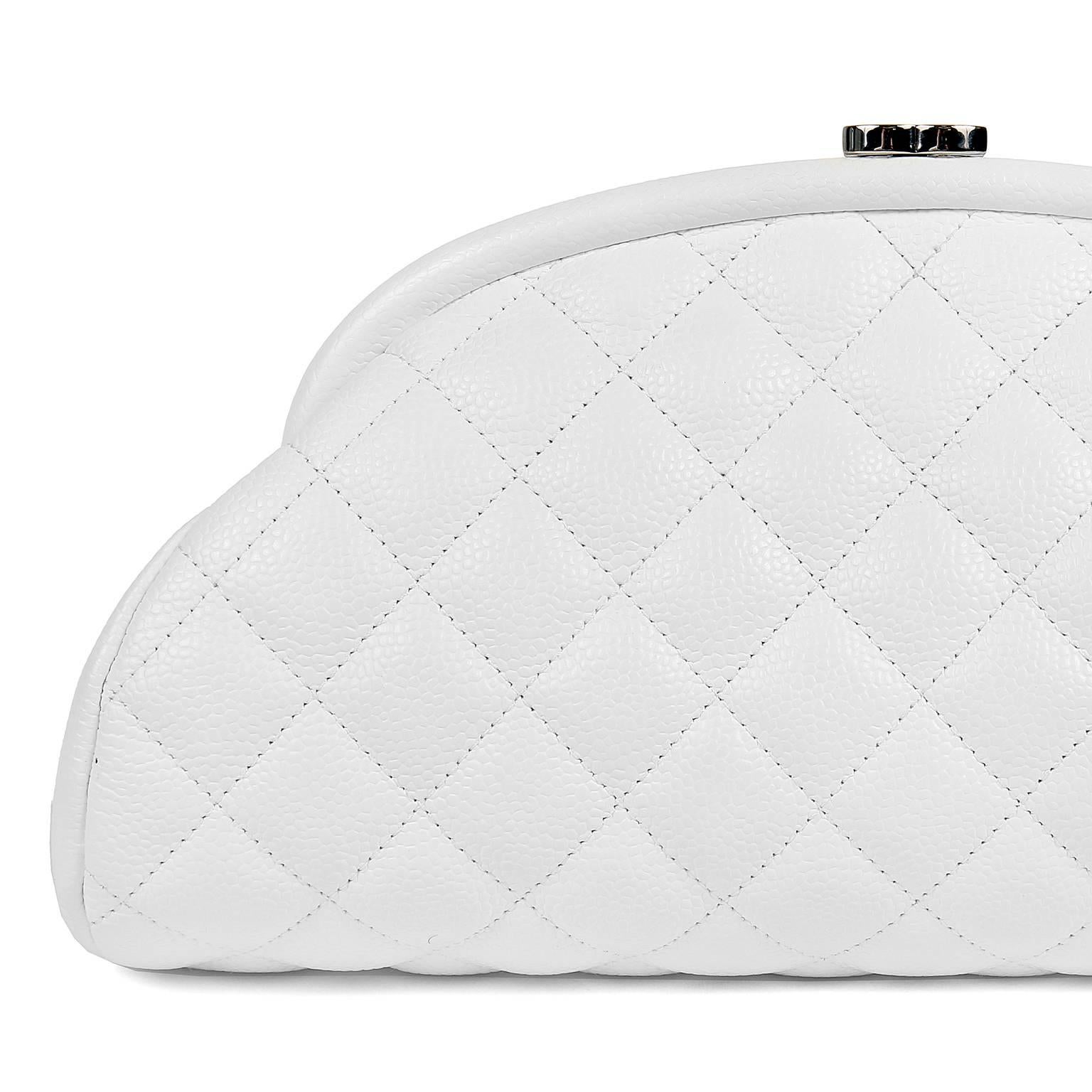 Women's Chanel White Caviar Leather Timeless Clutch with Silver Hardware