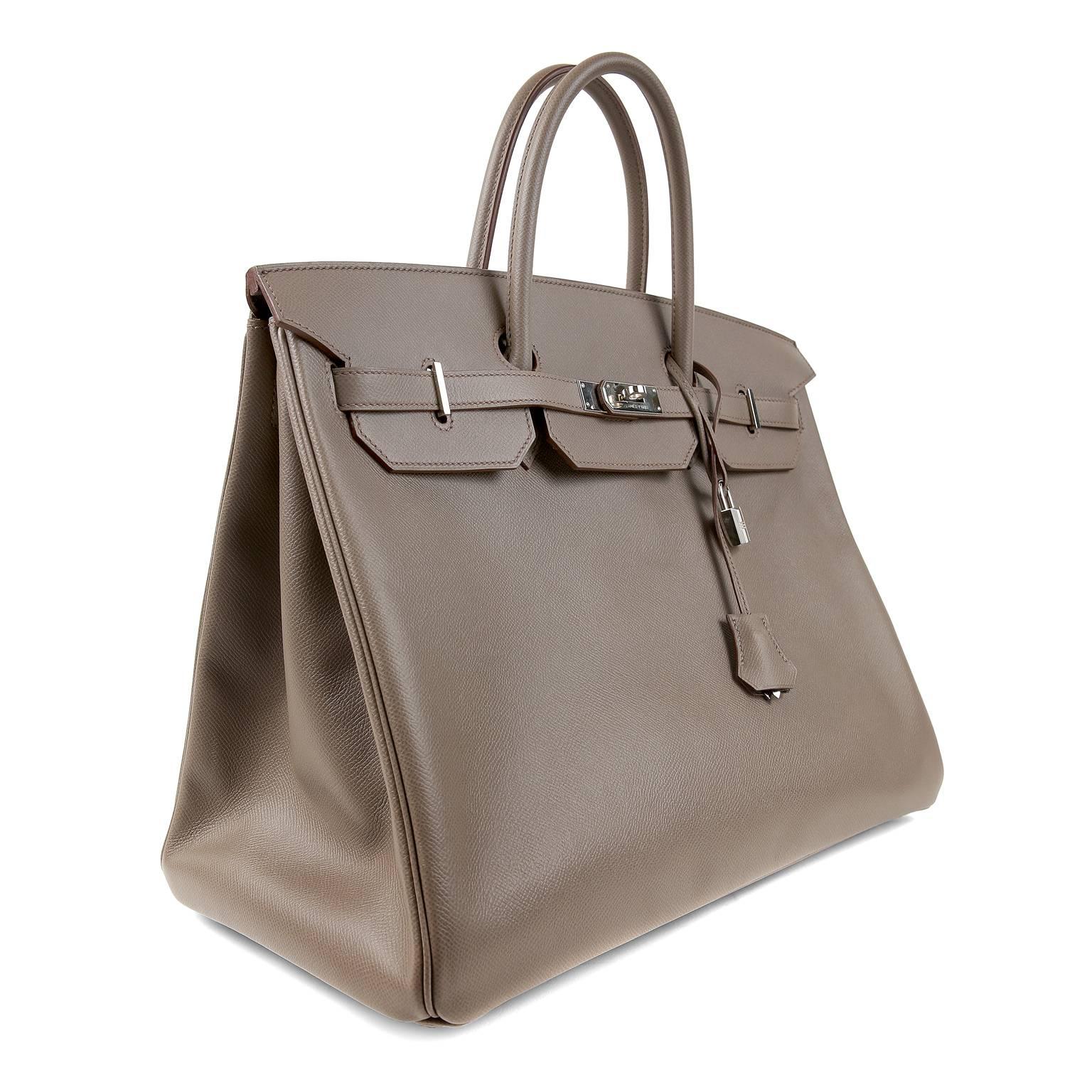 Hermès Etain Epsom 40 cm Birkin Bag- Pristine Condition
 Considered the ultimate luxury item, the Hermès Birkin is stitched by hand. Waitlists are commonplace.   Etain, a very desirable neutral, is universally flattering and wearable