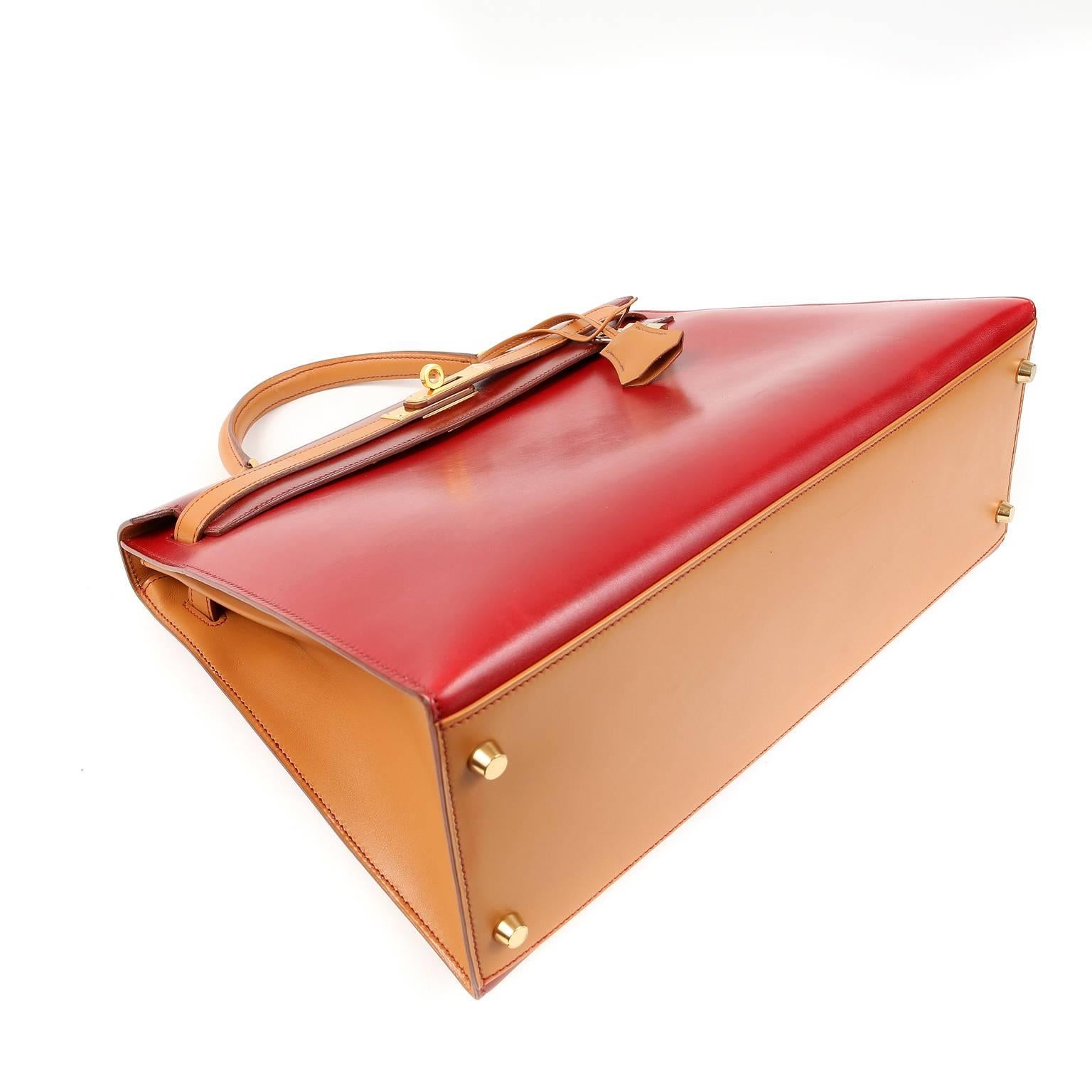 Hermès Tri Color Box Calf 35 cm Kelly Sellier- Red, Rouge H, Gold In New Condition In Malibu, CA