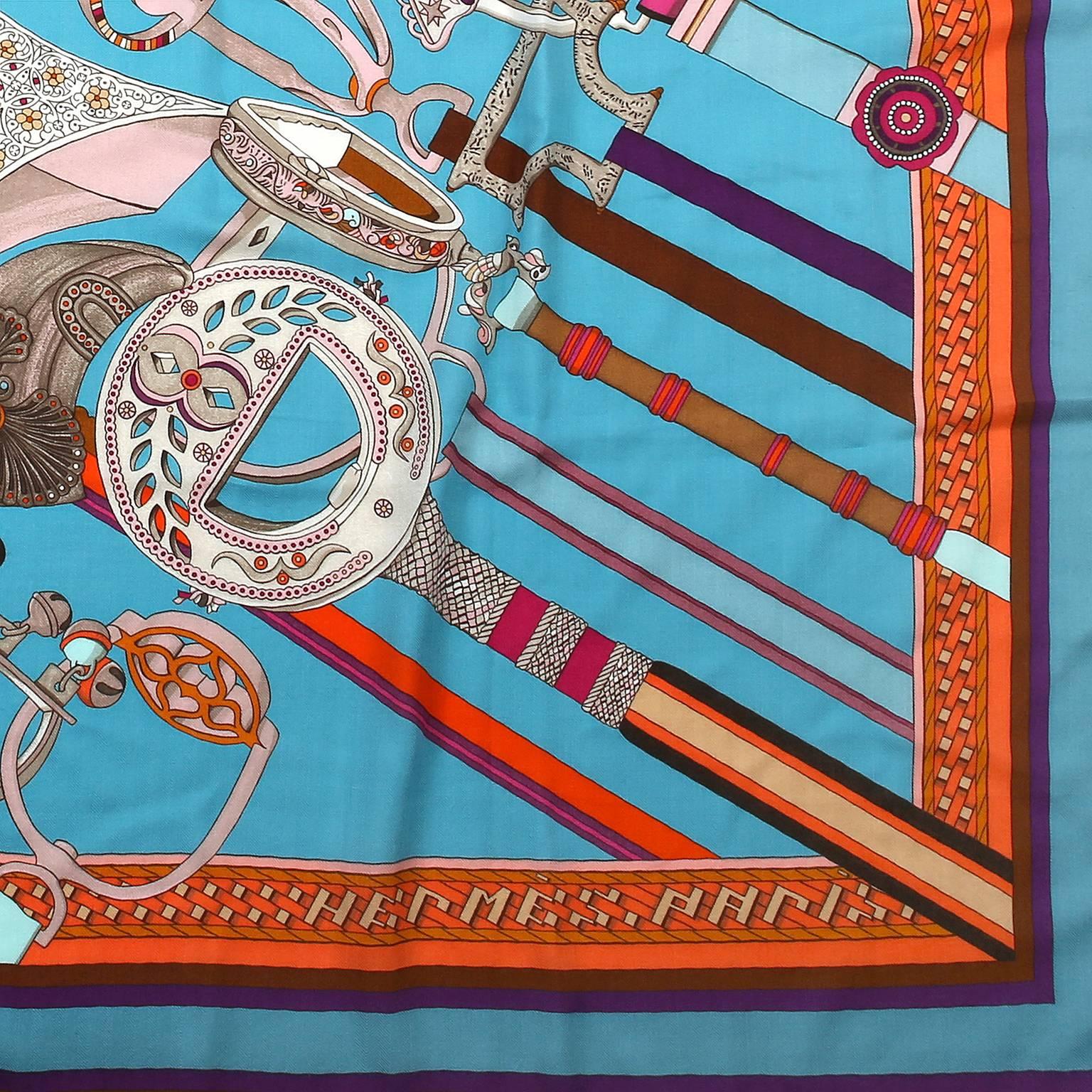 Hermès Turquoise Concours d’etriers Cashmere and Silk Shawl In New Condition In Malibu, CA
