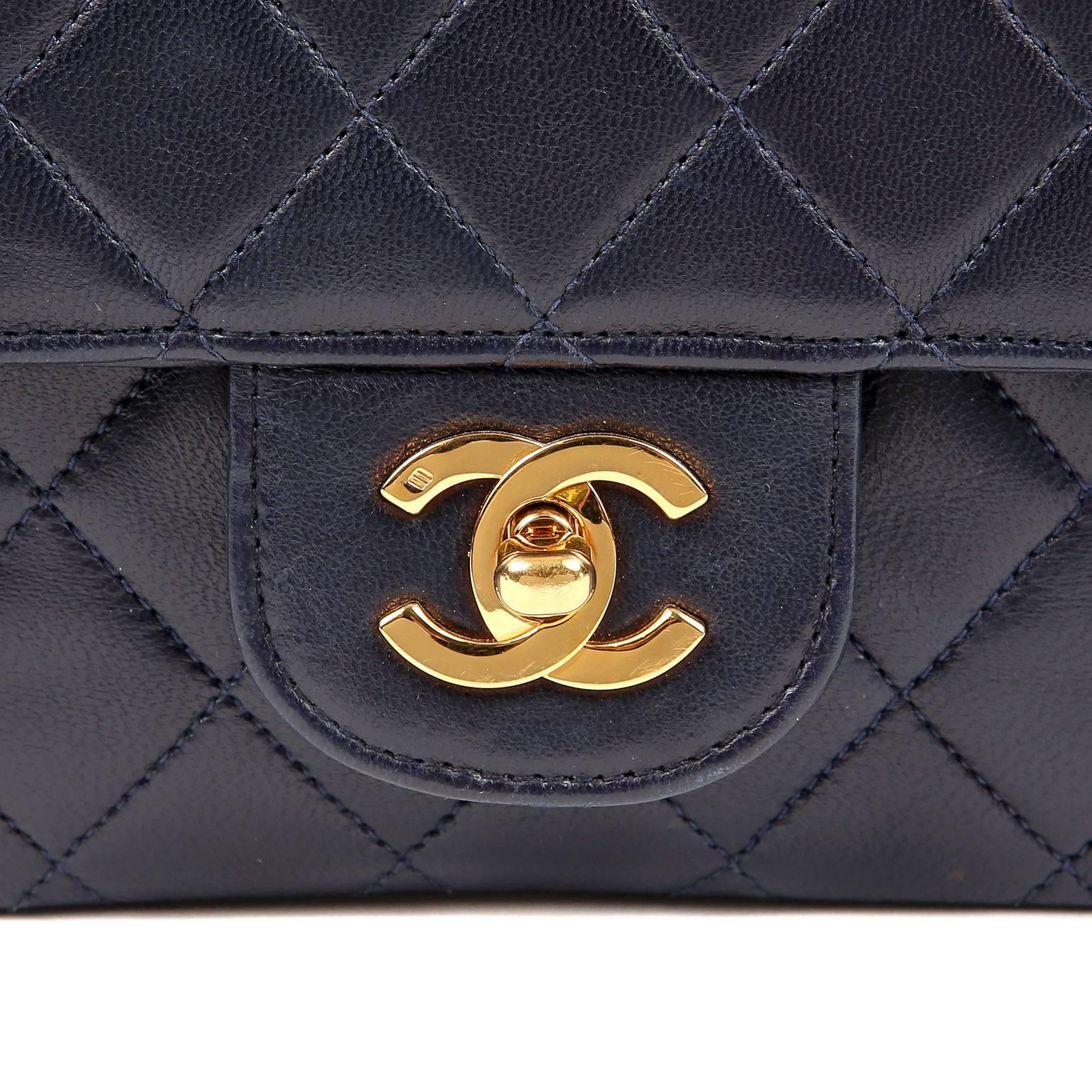 Women's Chanel Navy Lambskin Classic Double Flap Bag- GHW