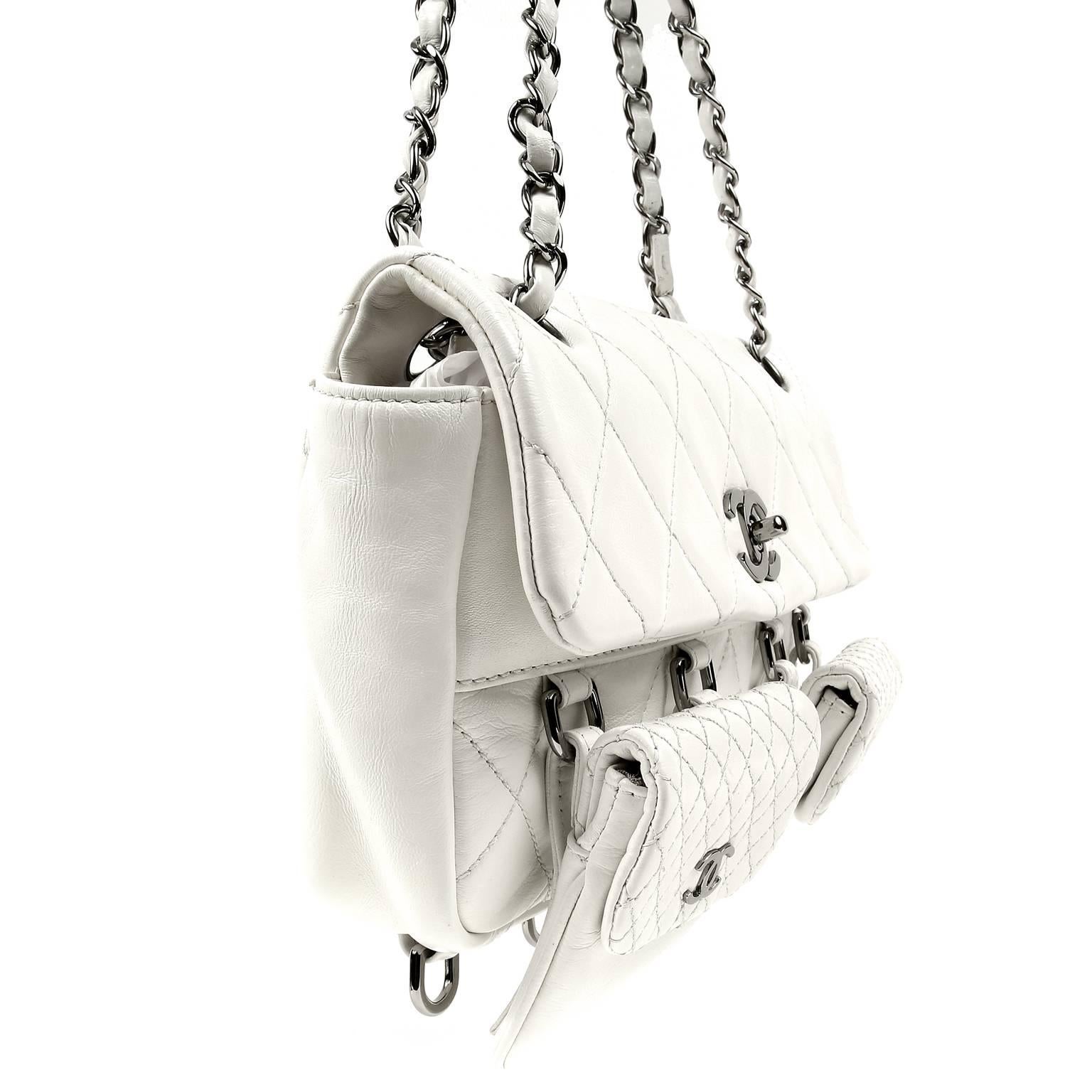 Gray Chanel White Lambskin Two Pocket Day Bag For Sale