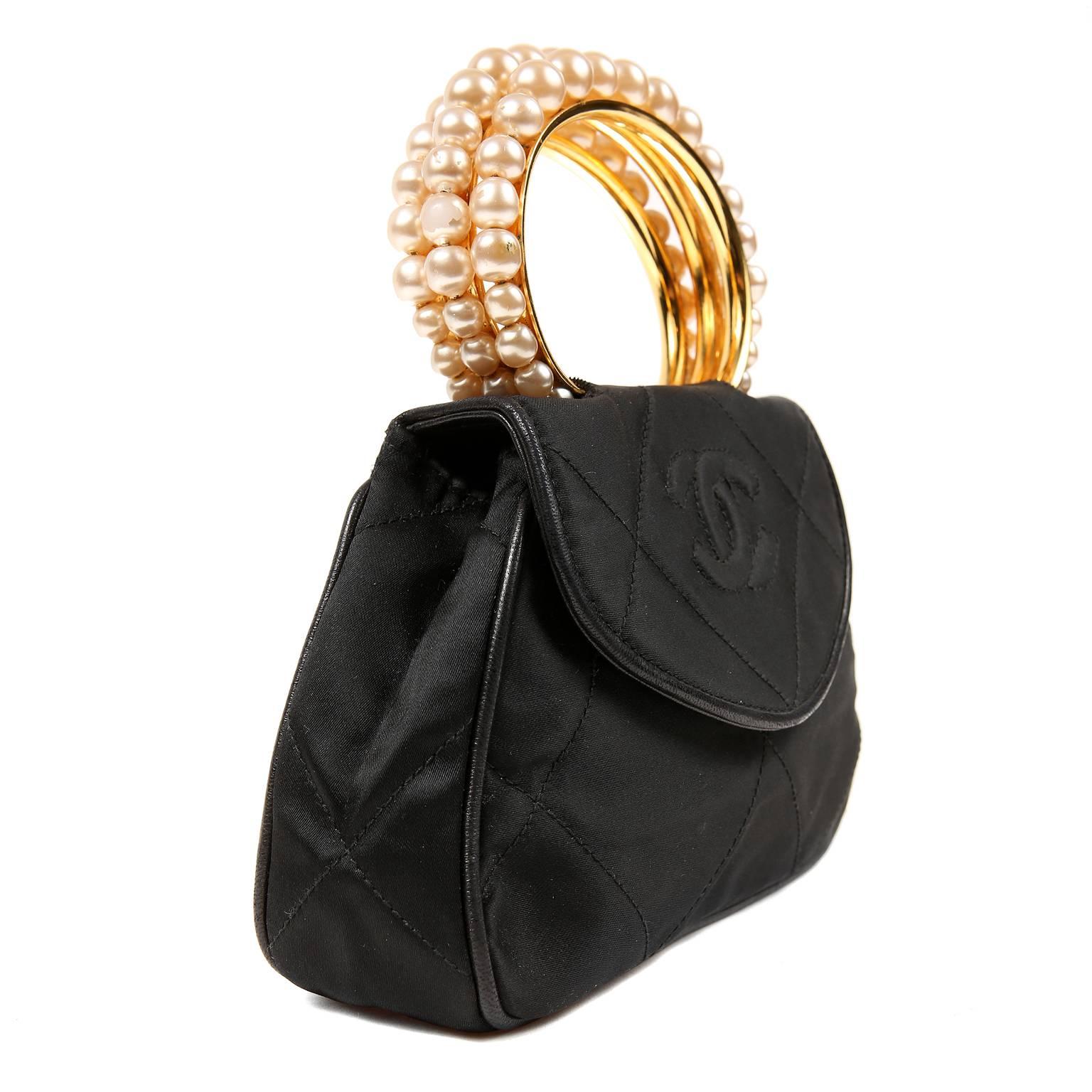 Chanel Vintage Pearl Handle Black Silk Evening  Bag In Excellent Condition In Malibu, CA