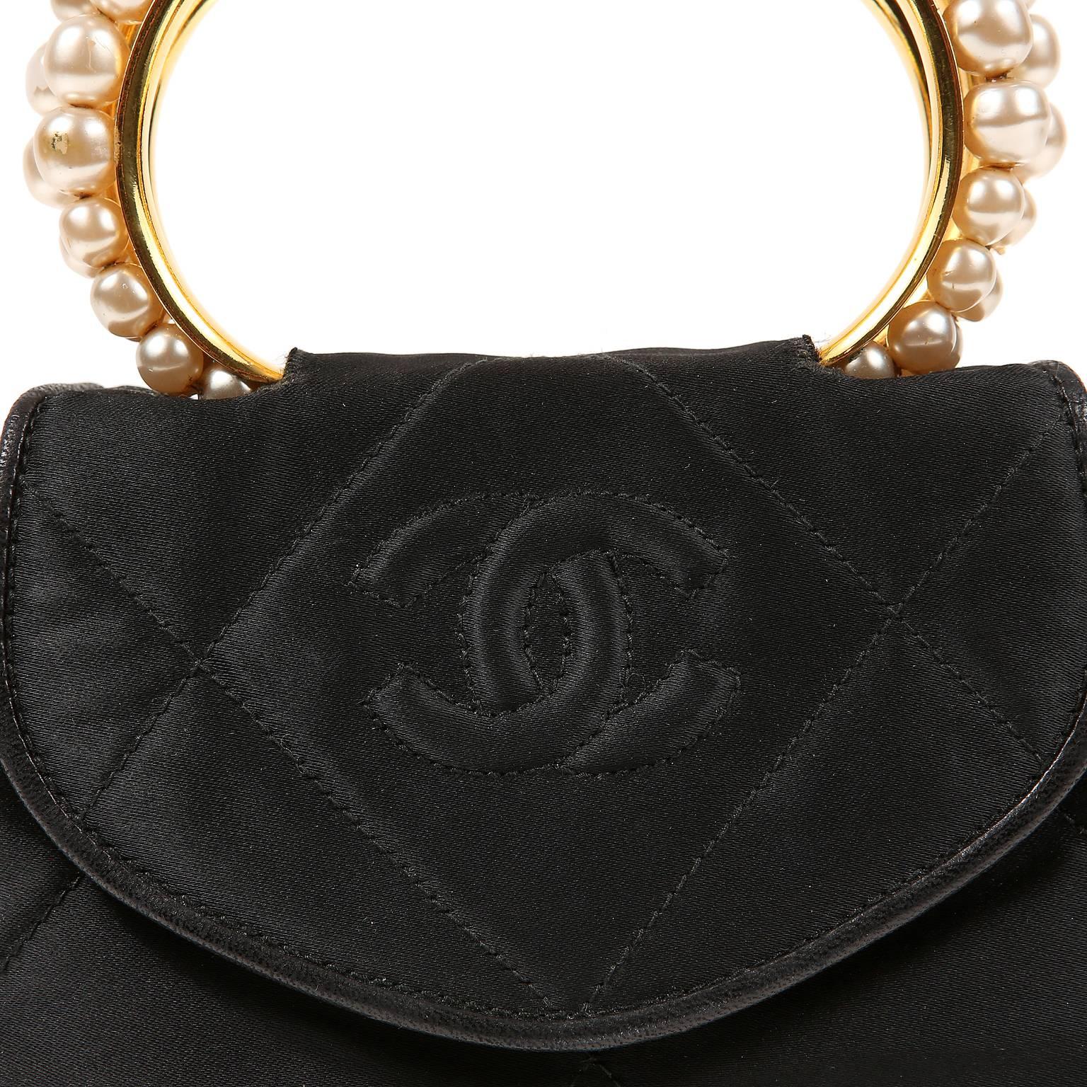 Women's Chanel Vintage Pearl Handle Black Silk Evening  Bag