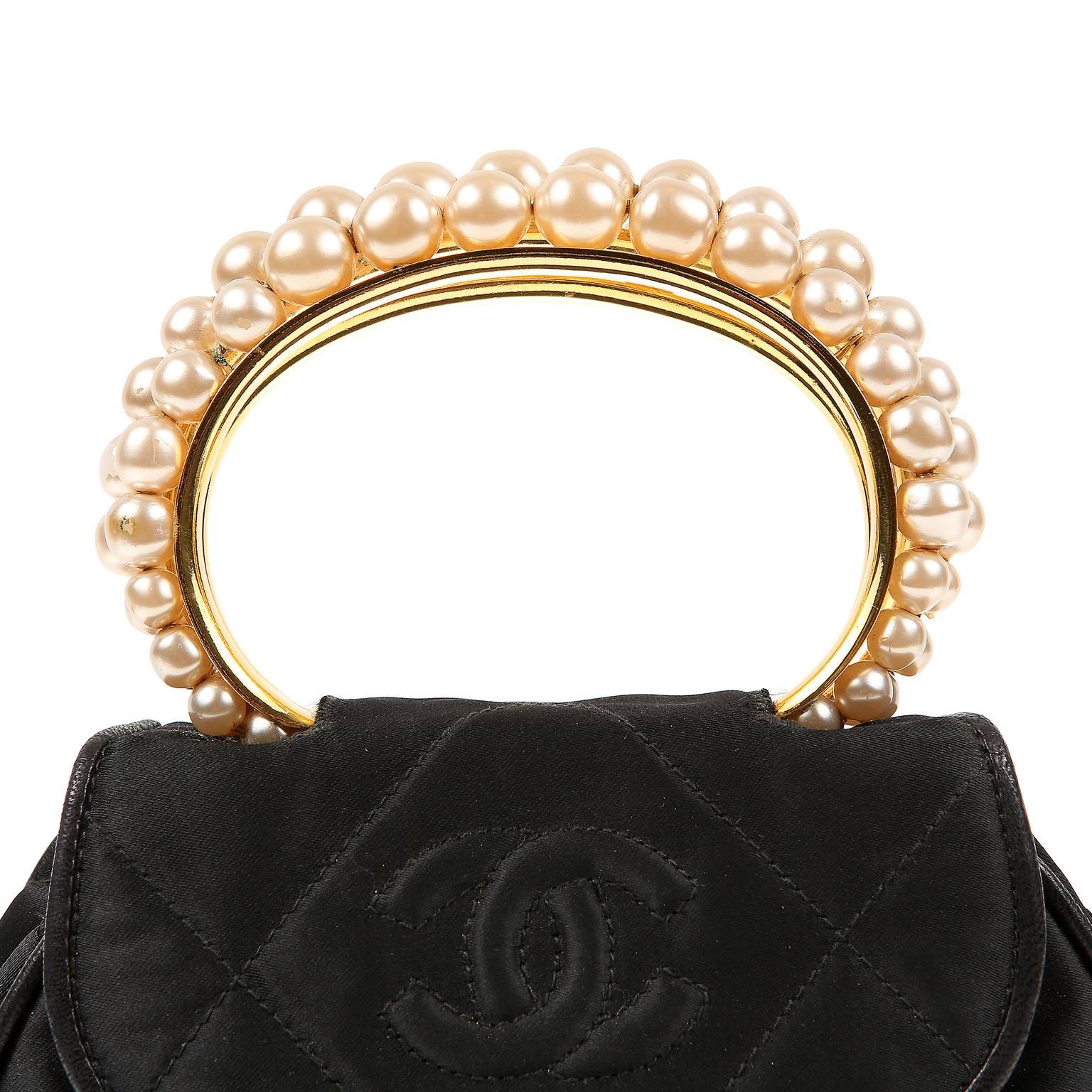 Chanel Vintage Pearl Handle Black Silk Evening  Bag 2