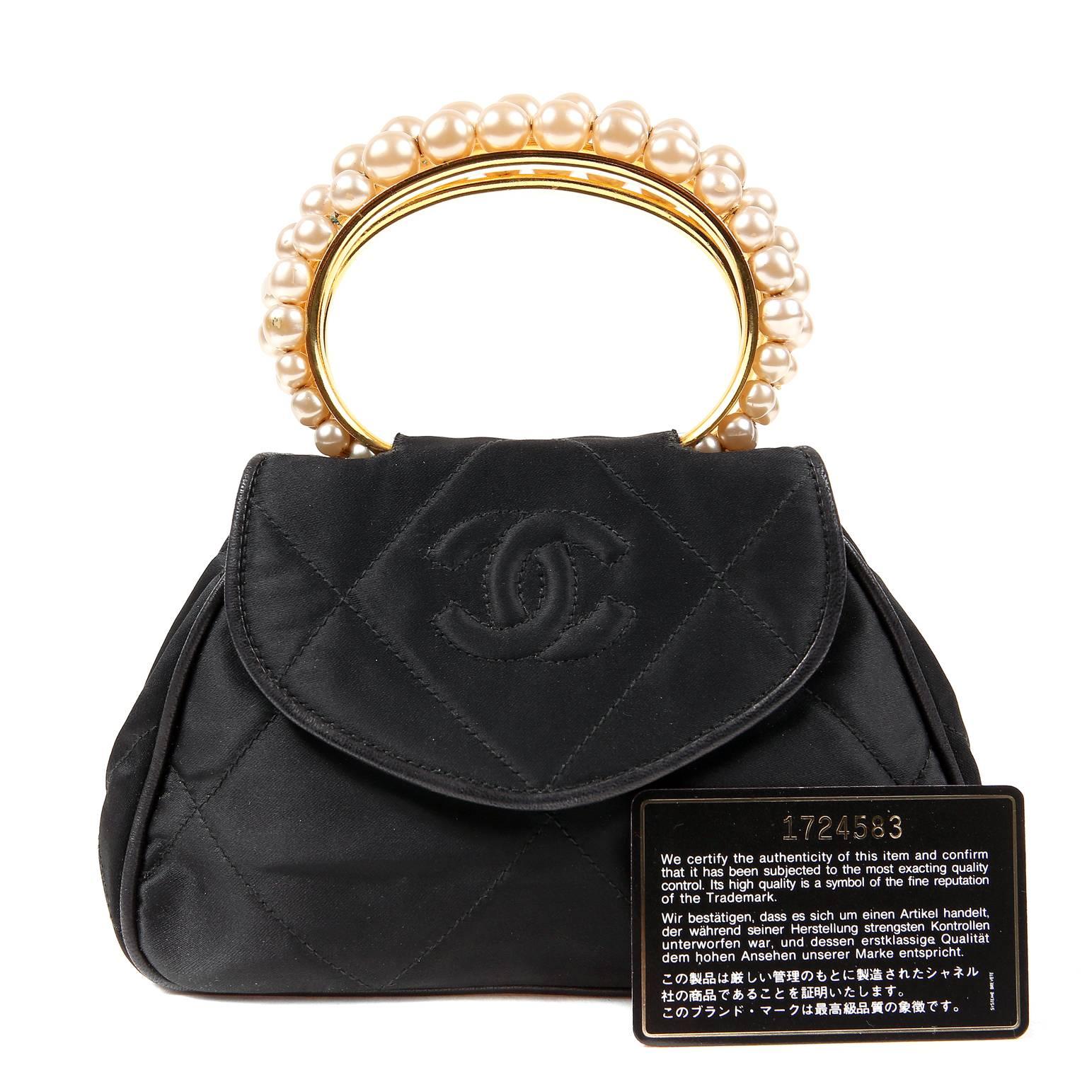 Chanel Vintage Pearl Handle Black Silk Evening  Bag 6
