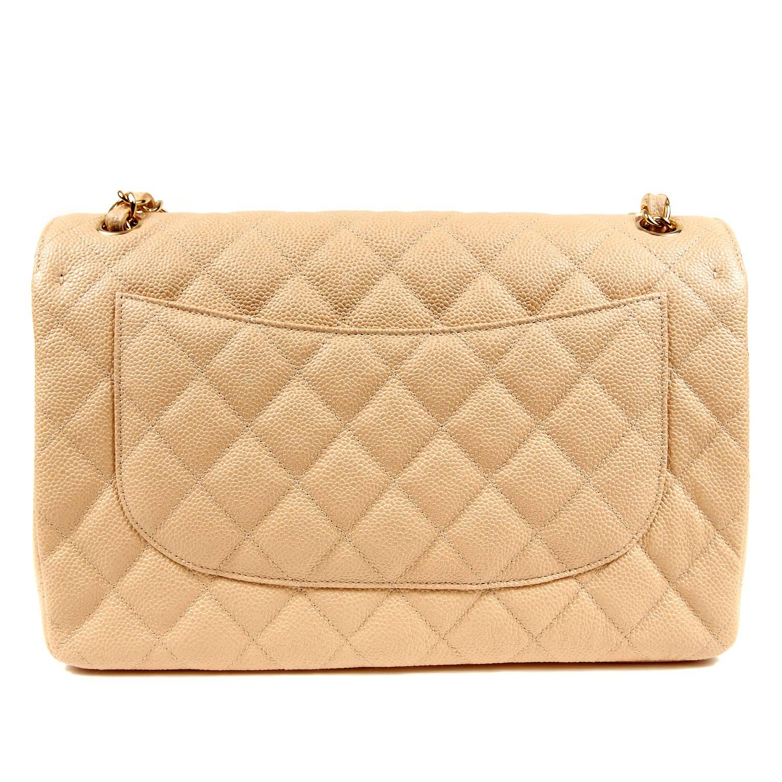 Chanel Beige Caviar Jumbo Classic- PRISTINE
Part of the Timeless Classics collection, this piece is certain to hold its value. 

Rich beige caviar leather is quilted in signature Chanel diamond pattern.  Gold interlocking CC twist lock secures the