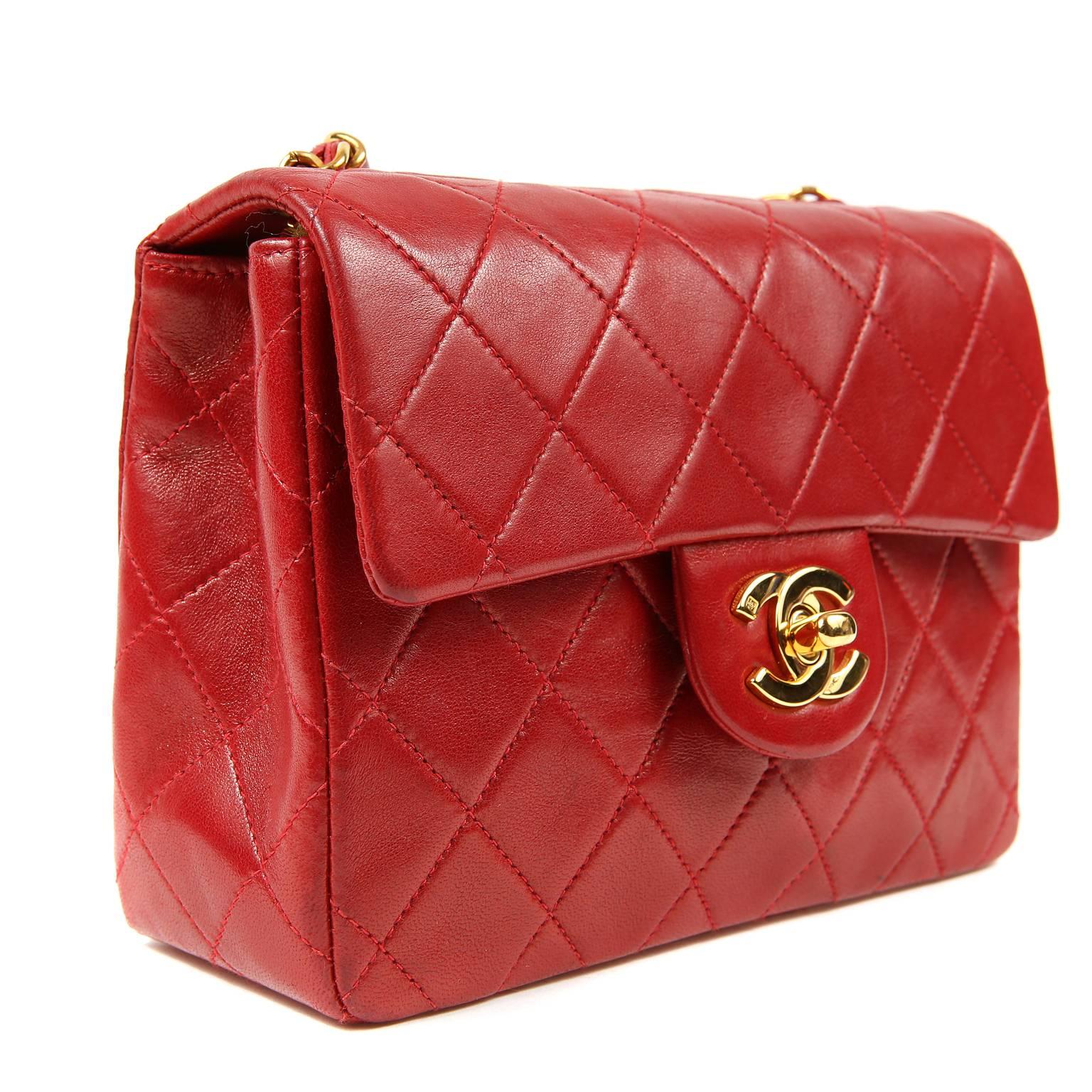 Chanel Red Lambskin Mini Classic Flap bag with GHW In Excellent Condition In Malibu, CA