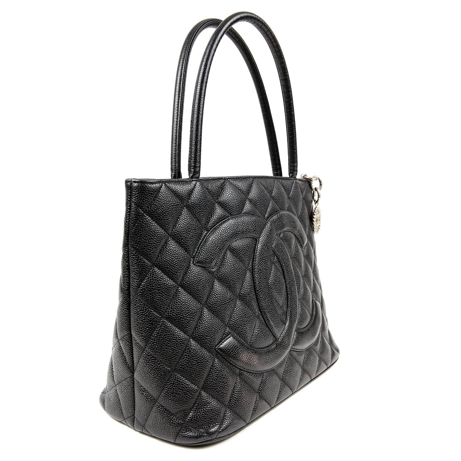 Chanel Black Caviar Medallion Tote with Silver In Excellent Condition In Malibu, CA