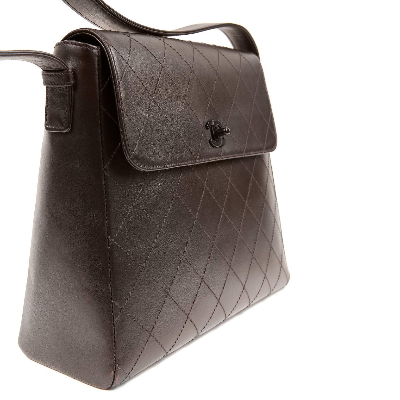 Black Chanel Brown Leather Flat Stitched Shoulder Bag For Sale