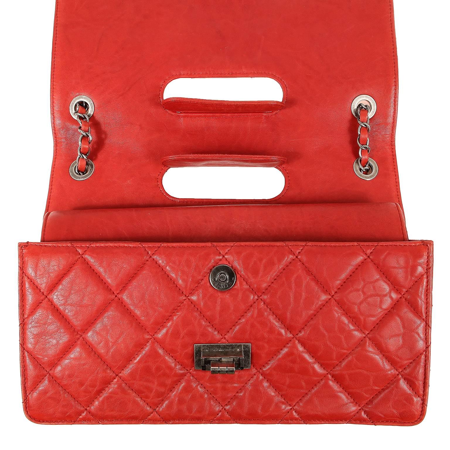 Chanel Red Lambskin Hand Held Flap Bag 2