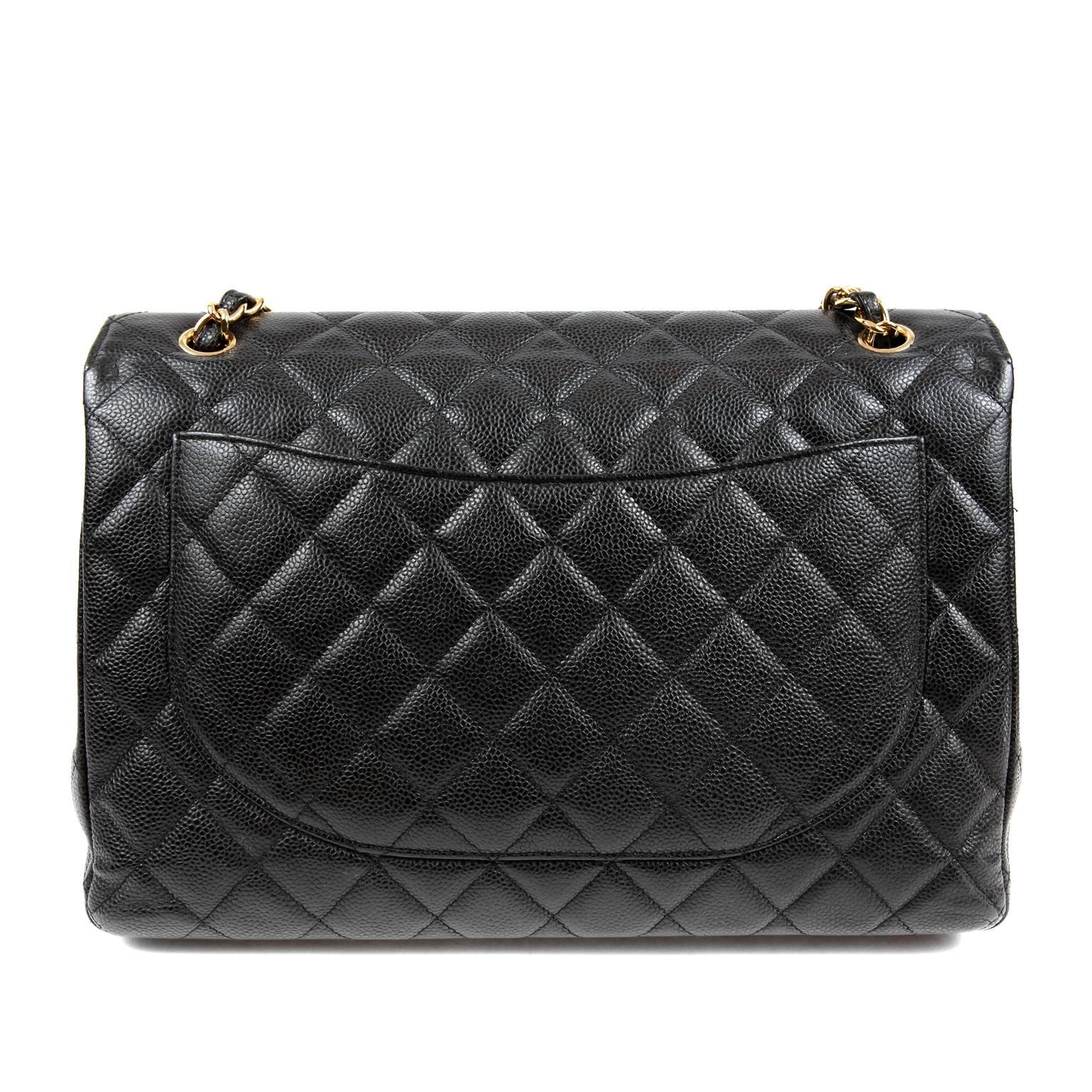 Chanel Black Caviar Classic Maxi - Near Pristine
The single flap Maxi is very difficult to find and a true prize for any collection. 

Durable and textured black caviar leather is quilted in signature Chanel diamond pattern.  Gold interlocking CC