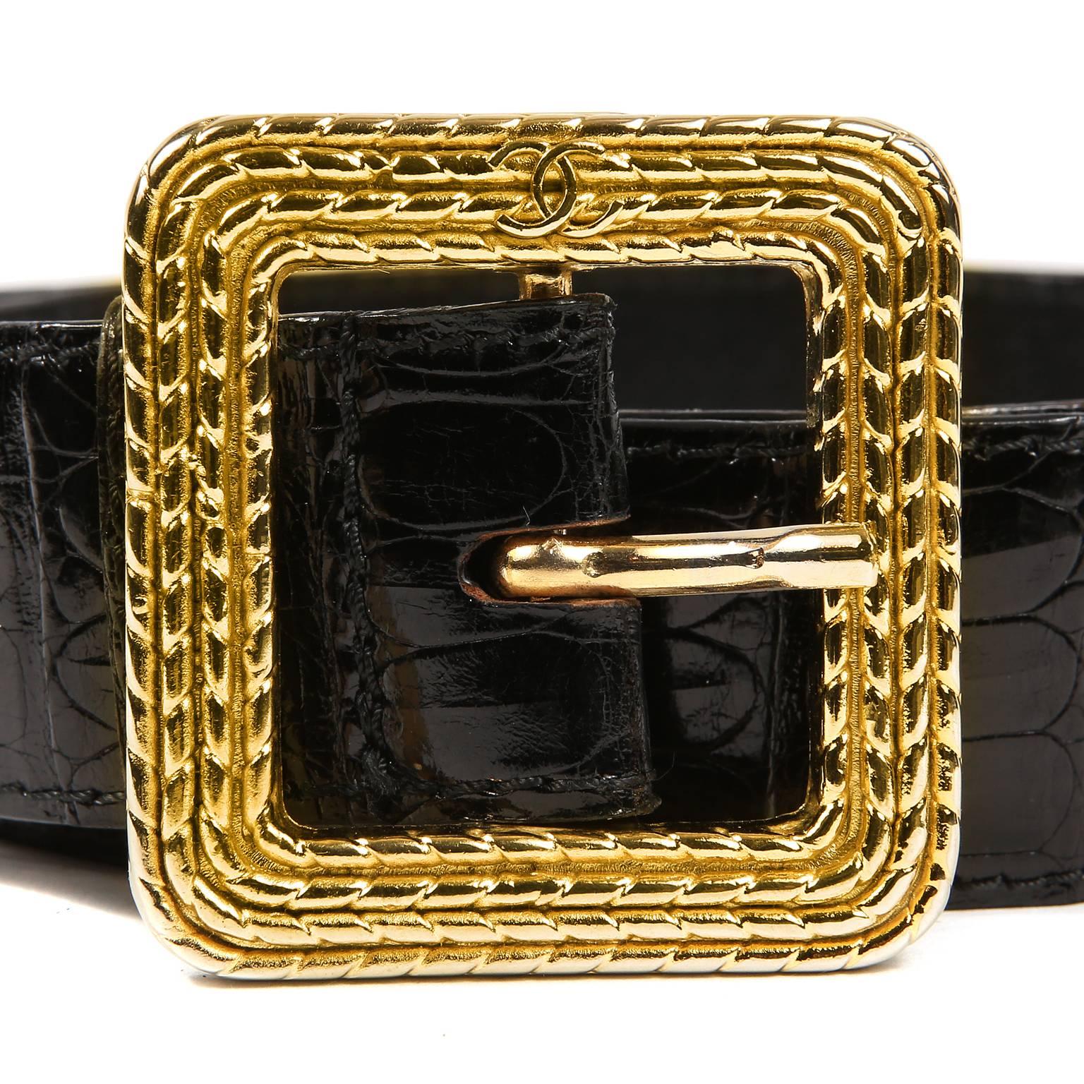 Chanel Black Crocodile Square Buckle Belt- Excellent Condition
 This beautiful piece has a wide width with a large gold textured square buckle. Size 85/ 34.  Made in Italy.   