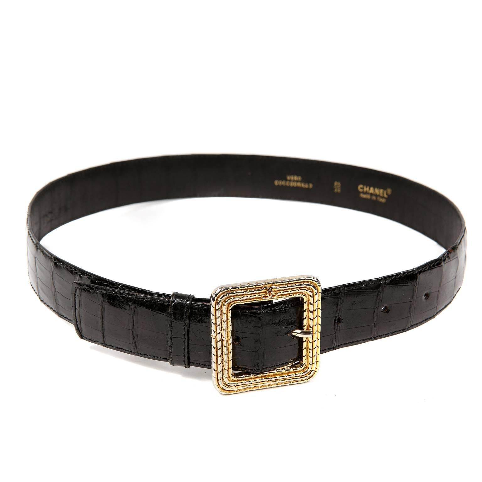 Chanel Black Crocodile Belt with Gold Square Buckle In Excellent Condition For Sale In Malibu, CA