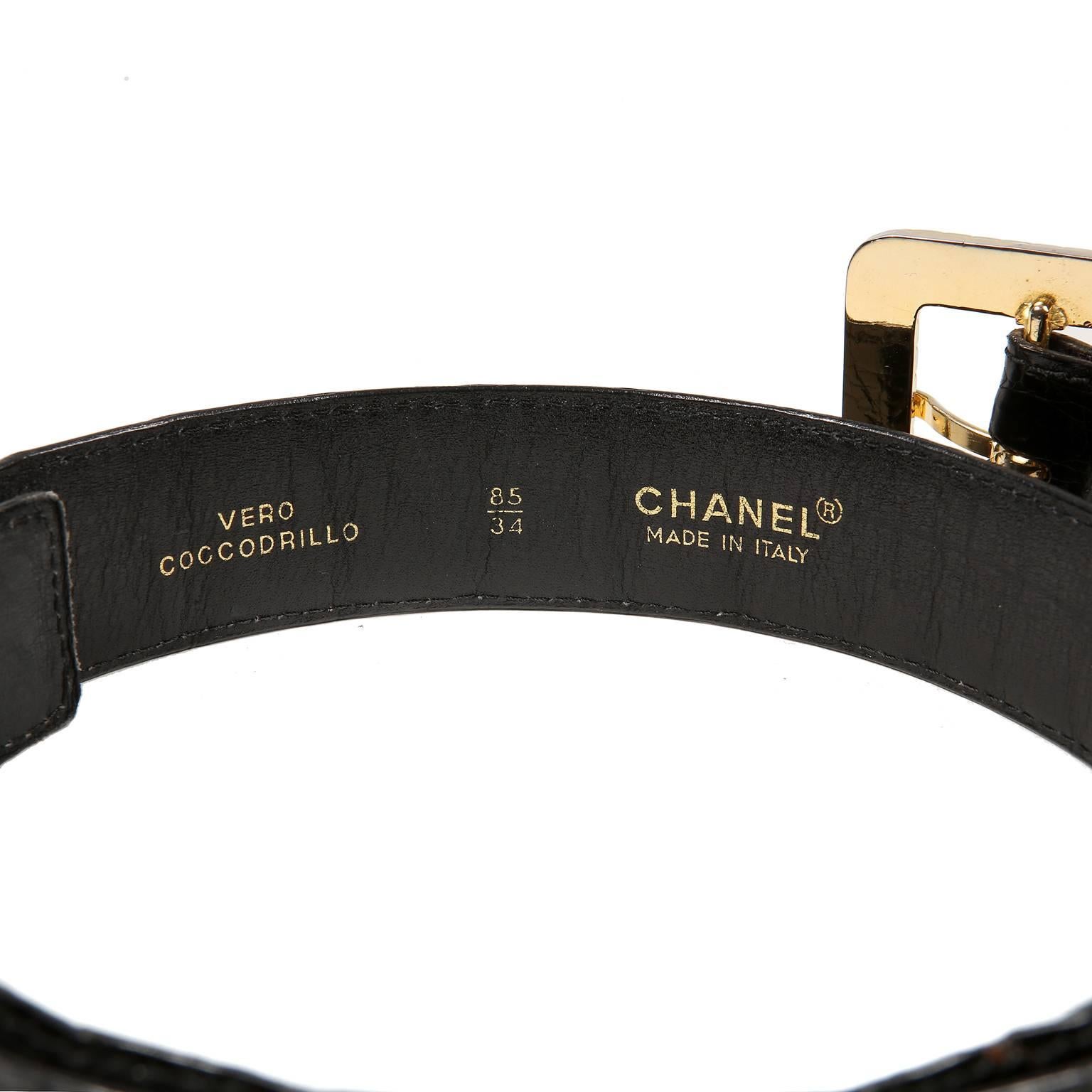 Women's Chanel Black Crocodile Belt with Gold Square Buckle For Sale