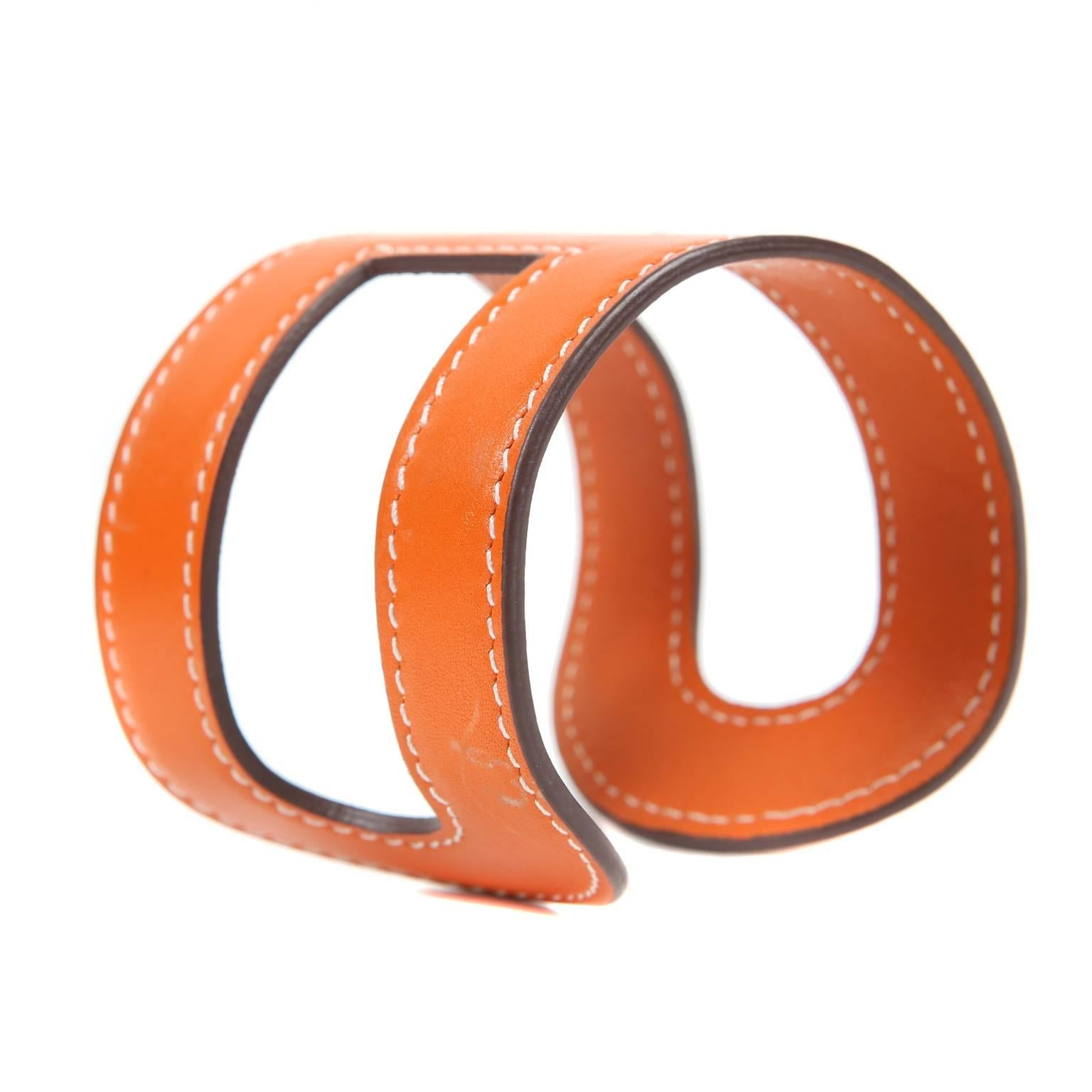 Hermès Orange Leather H Cuff Bangle Bracelet In Excellent Condition For Sale In Malibu, CA