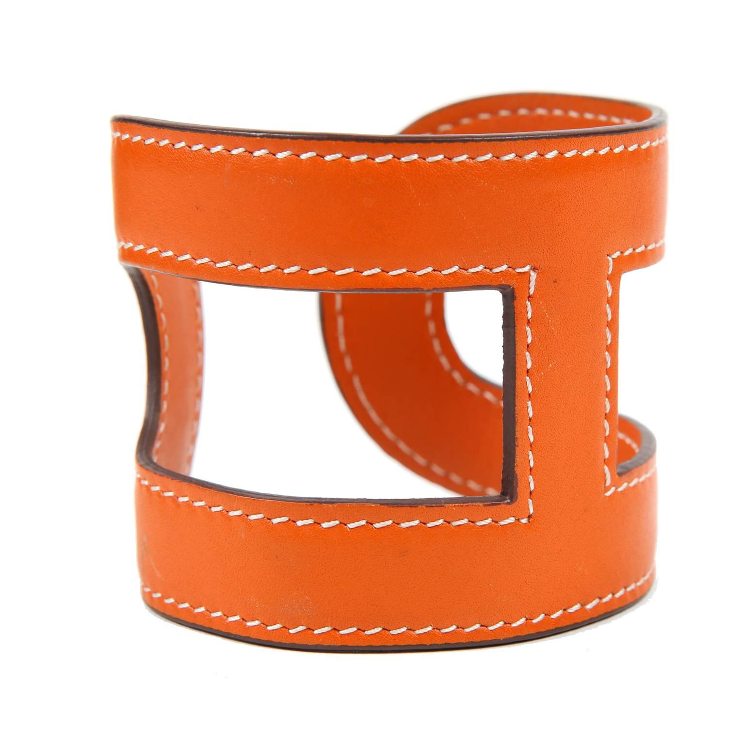 Women's Hermès Orange Leather H Cuff Bangle Bracelet For Sale