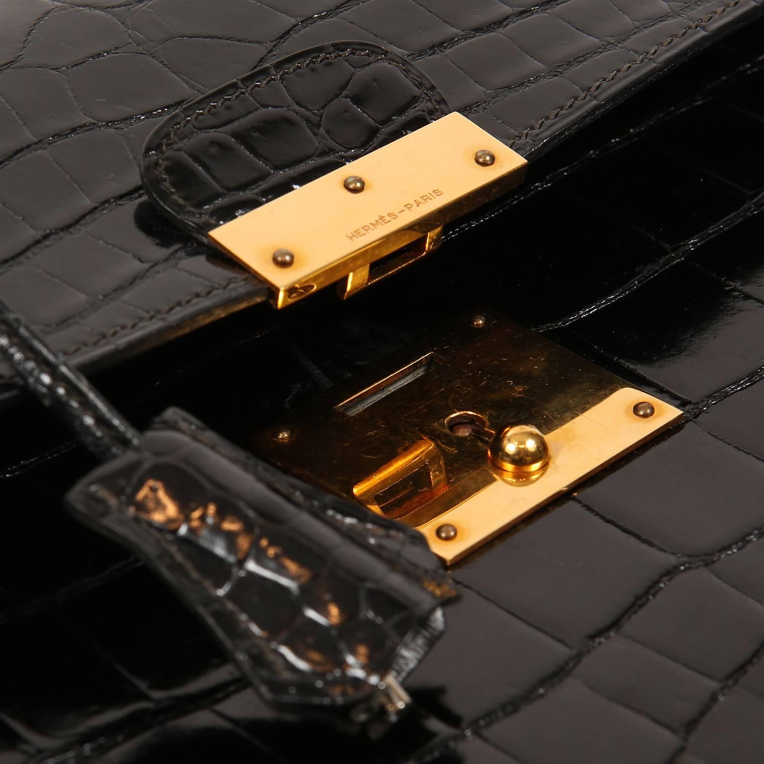 Women's or Men's Hermes Black Porosus Crocodile Briefcase For Sale