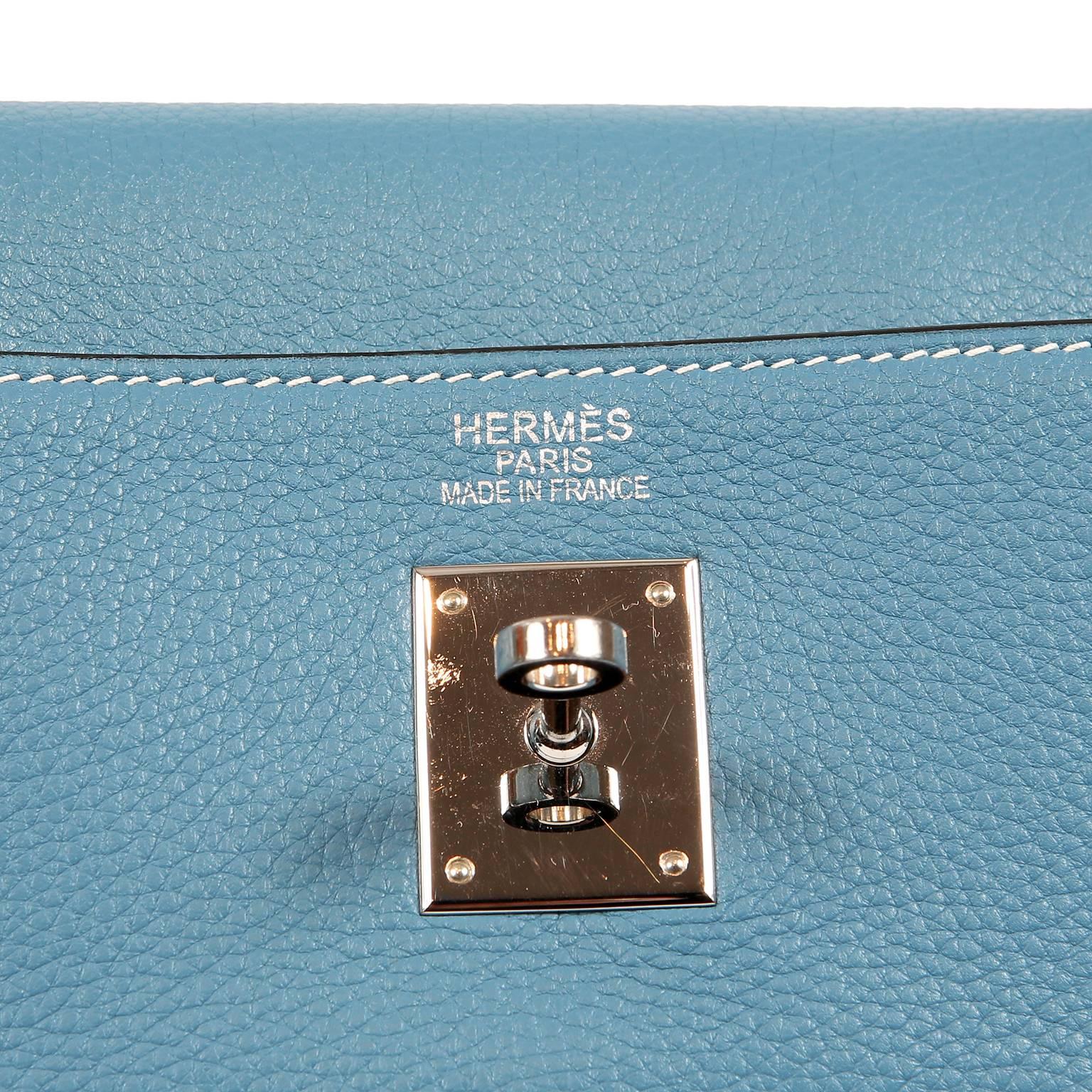 Hermes Blue Jean Clemence Kelly Retourne 35 cm- PHW For Sale 3