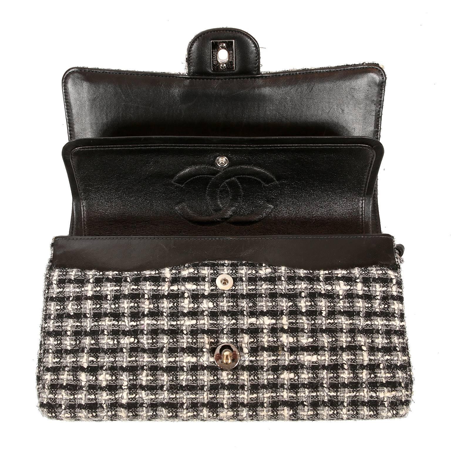 Chanel Black and White Tweed Boucle Double Flap Classic Medium Bag 2