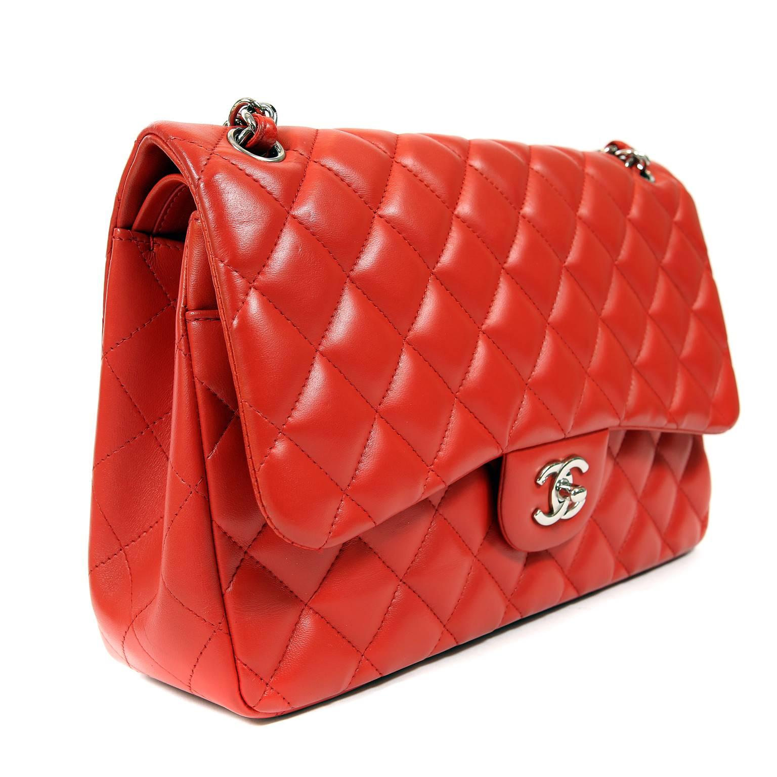 Chanel Red Lambskin Jumbo Classic Double Flap Bag with Silver HW In New Condition In Malibu, CA