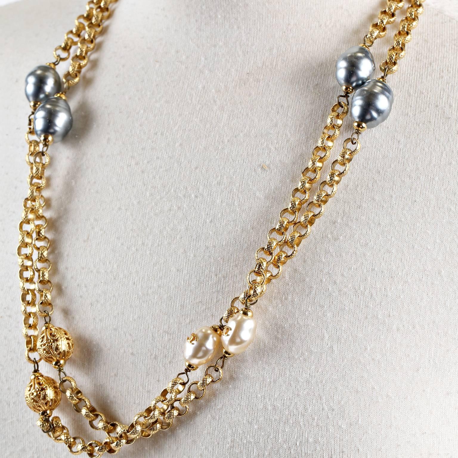 Chanel Pearl and Gold Link Long Necklace 2