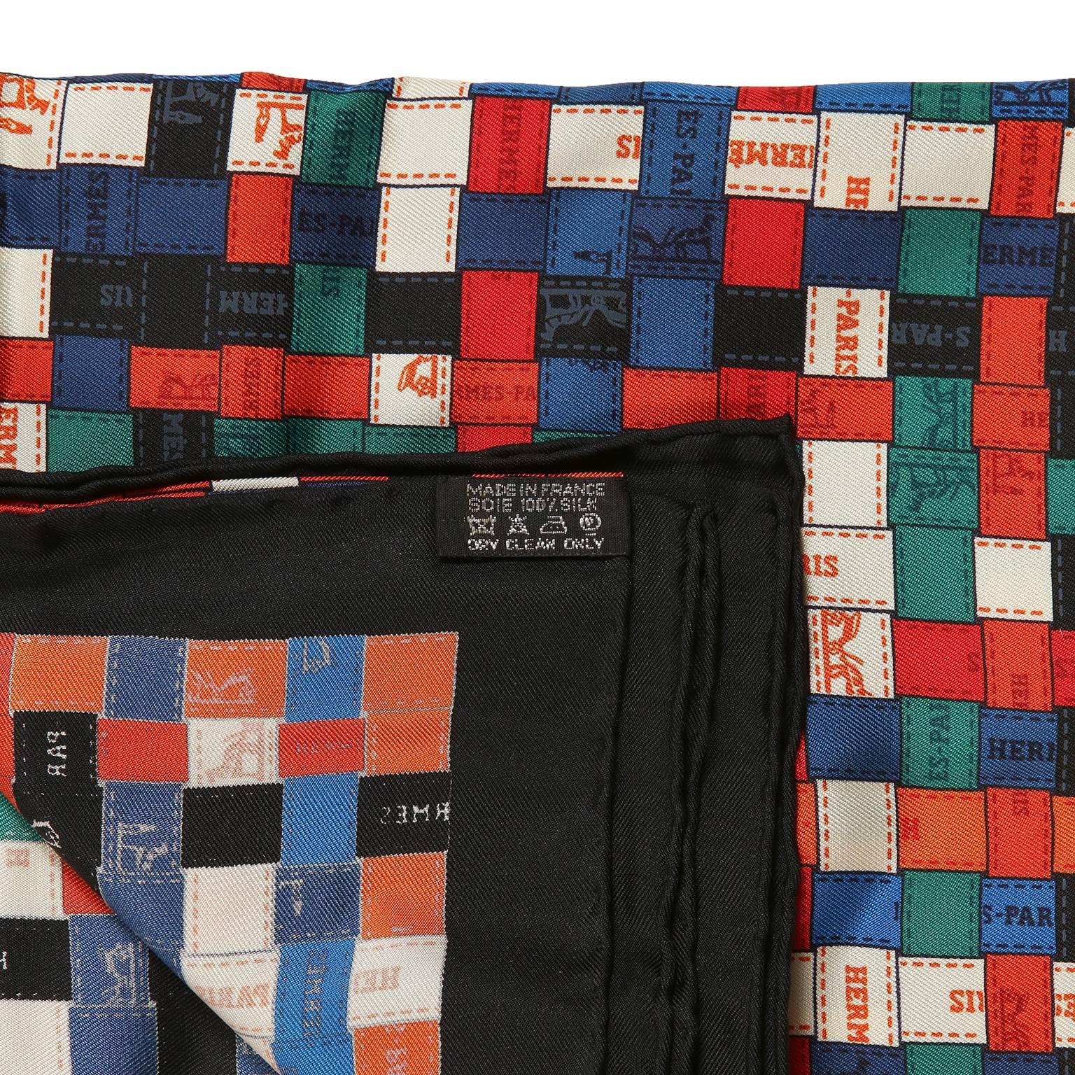 Hermès Red and Blue Bolduc au Carre 90 cm Silk Scarf- PRISTINE, Never Worn
  Designed by Cathy Latham, it depicts interwoven decorative Hermès ribbon (“bolduc”) in shades of red, blue, green, and white with a black border. 100% silk.   Made in